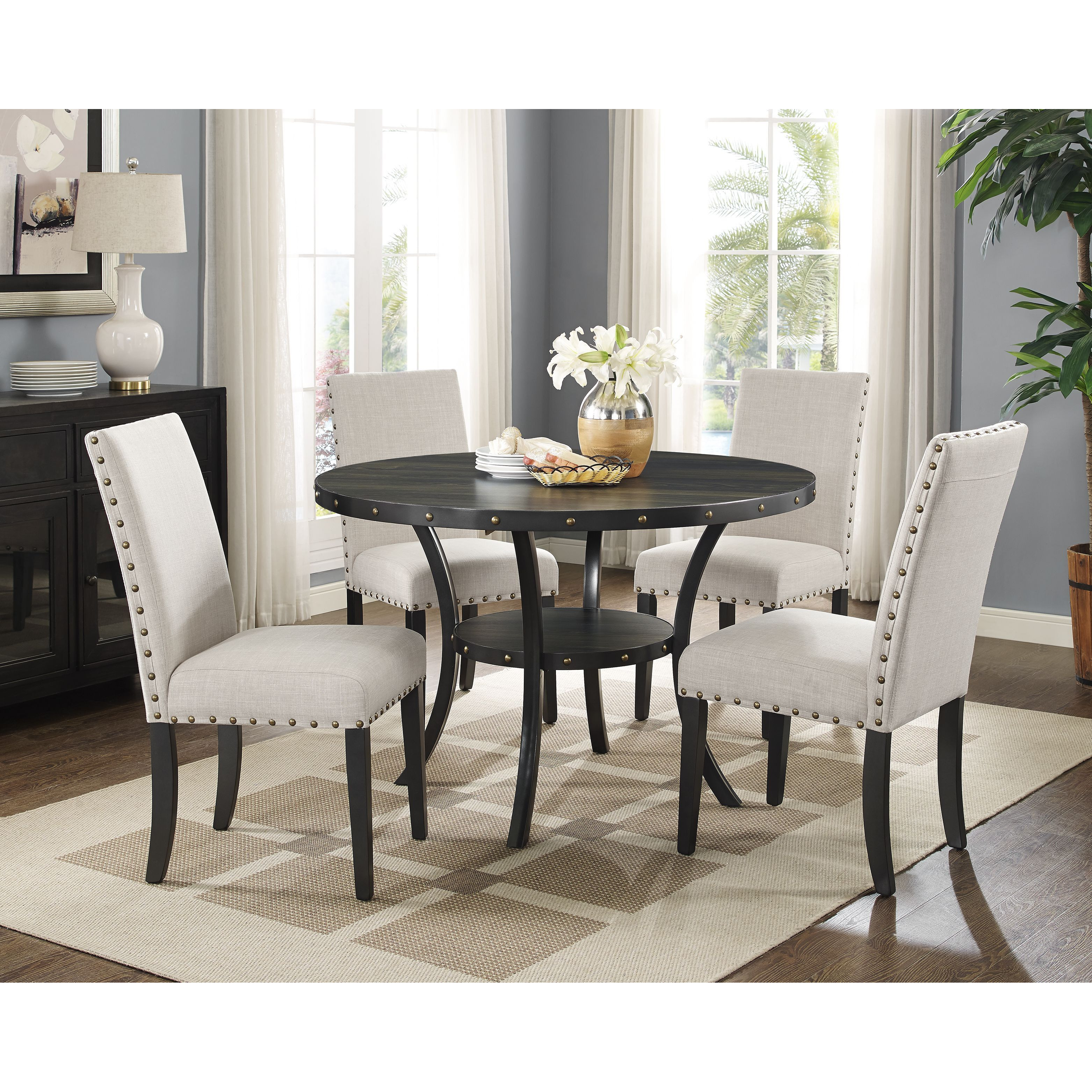 Biony Espresso Wood Dining Set With Tan Fabric Nailhead Chairs
