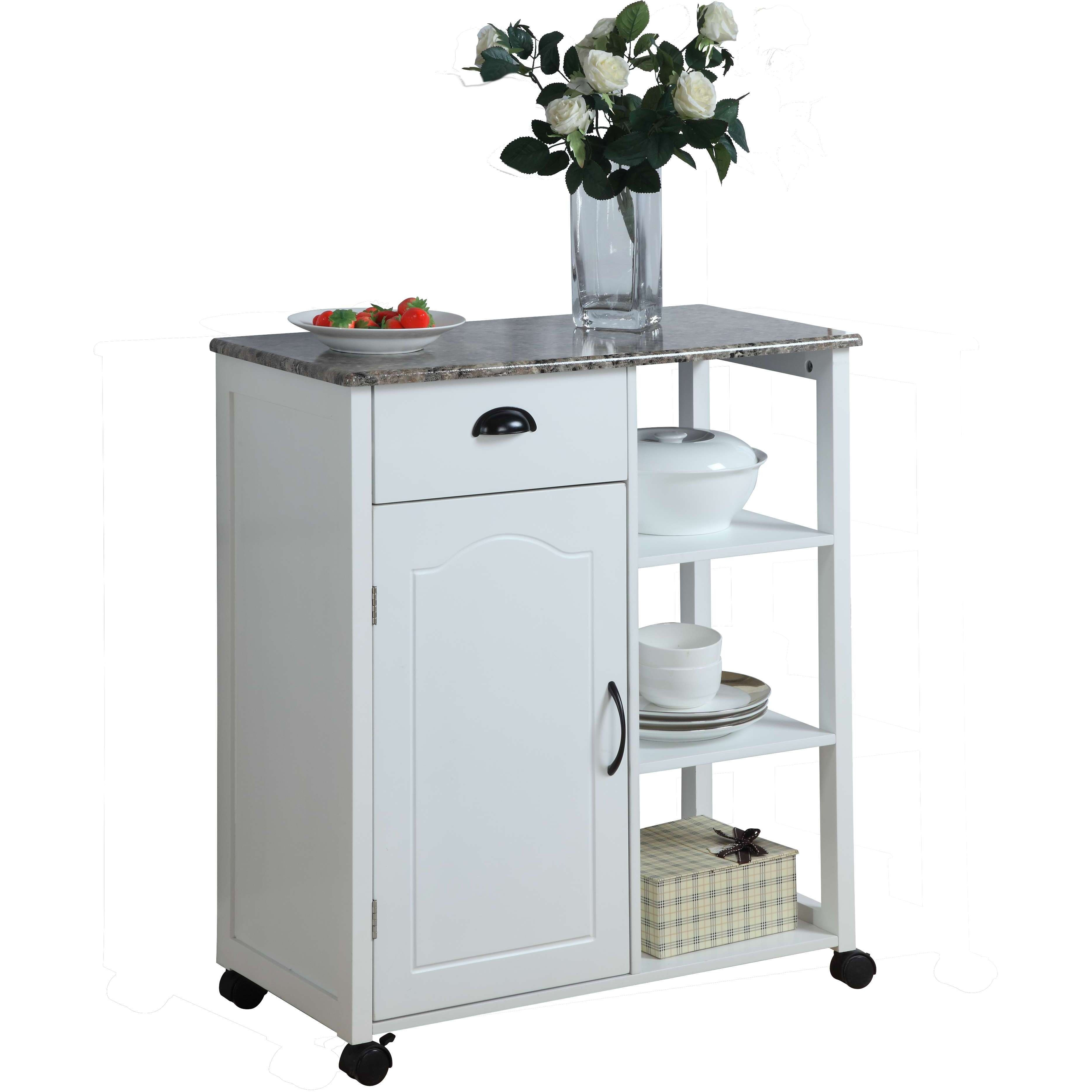 Pilaster Designs - White Finish Wood & Marble Vinyl Top Kitchen Storage Cabinet Cart