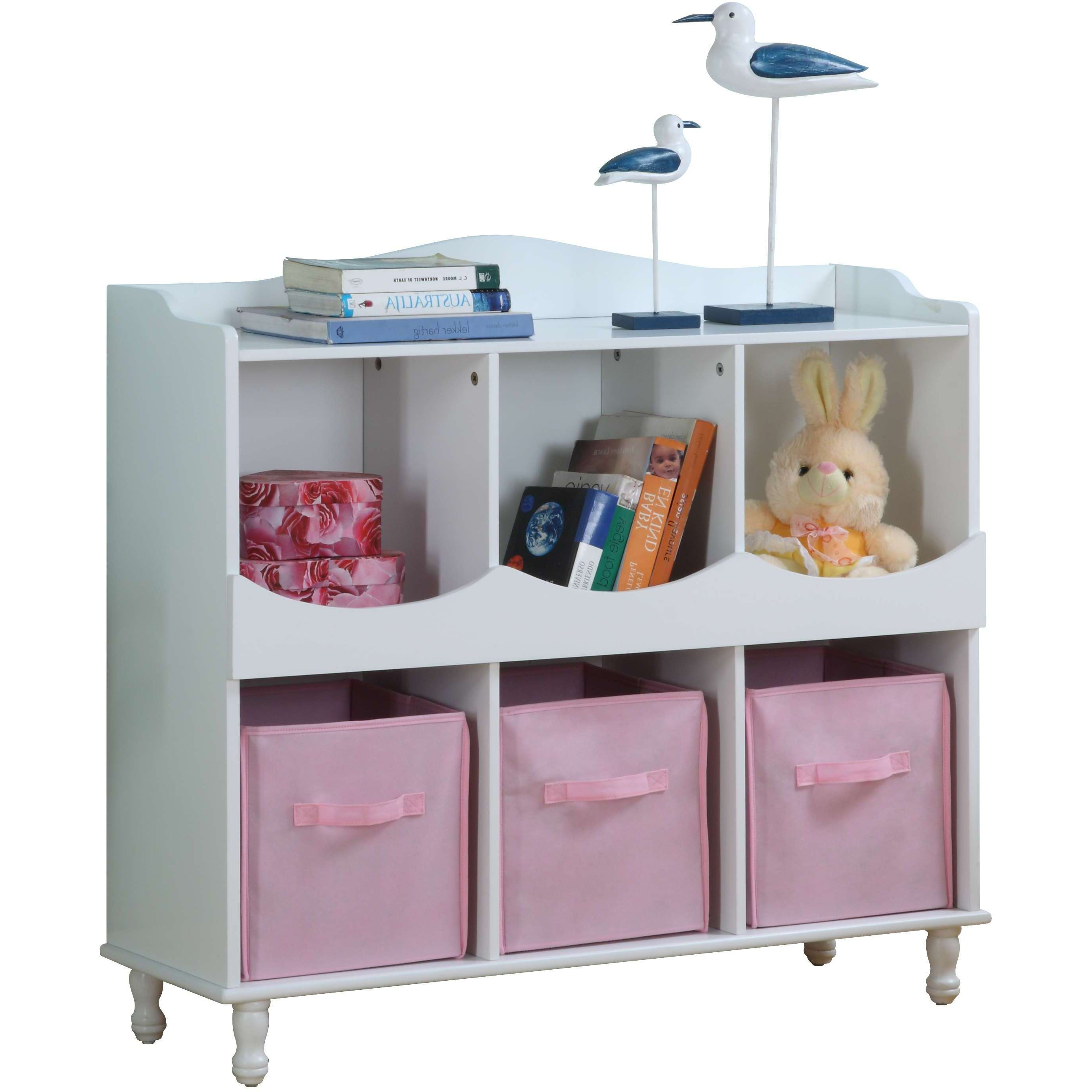 Pilaster Designs - Wood 6 Cubby Storage Cabinet With 3 Pink Fabric Bins  White Finish