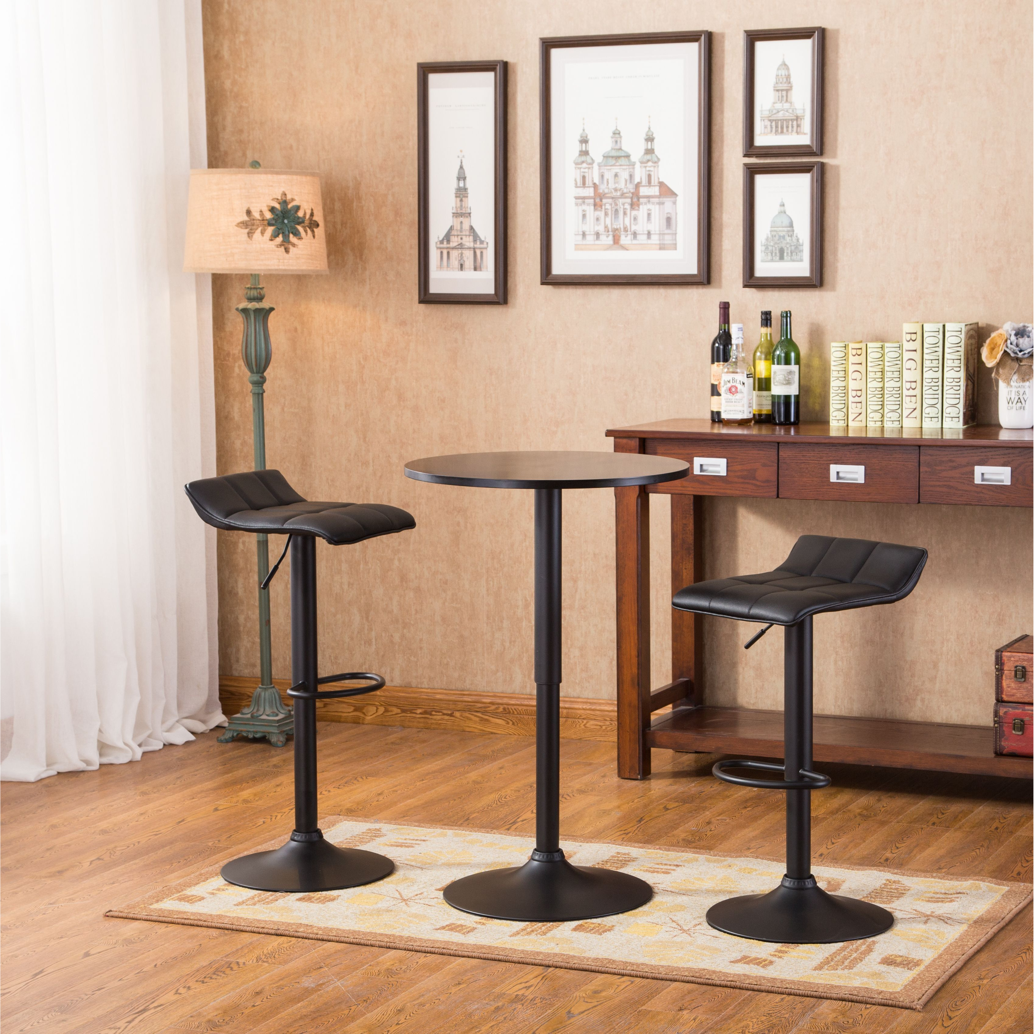 Belham Black Round Top Adjustable Height Bar Table And 2 Swivel Black Bonded Leather Adjustable Bar Stool Bar Sets