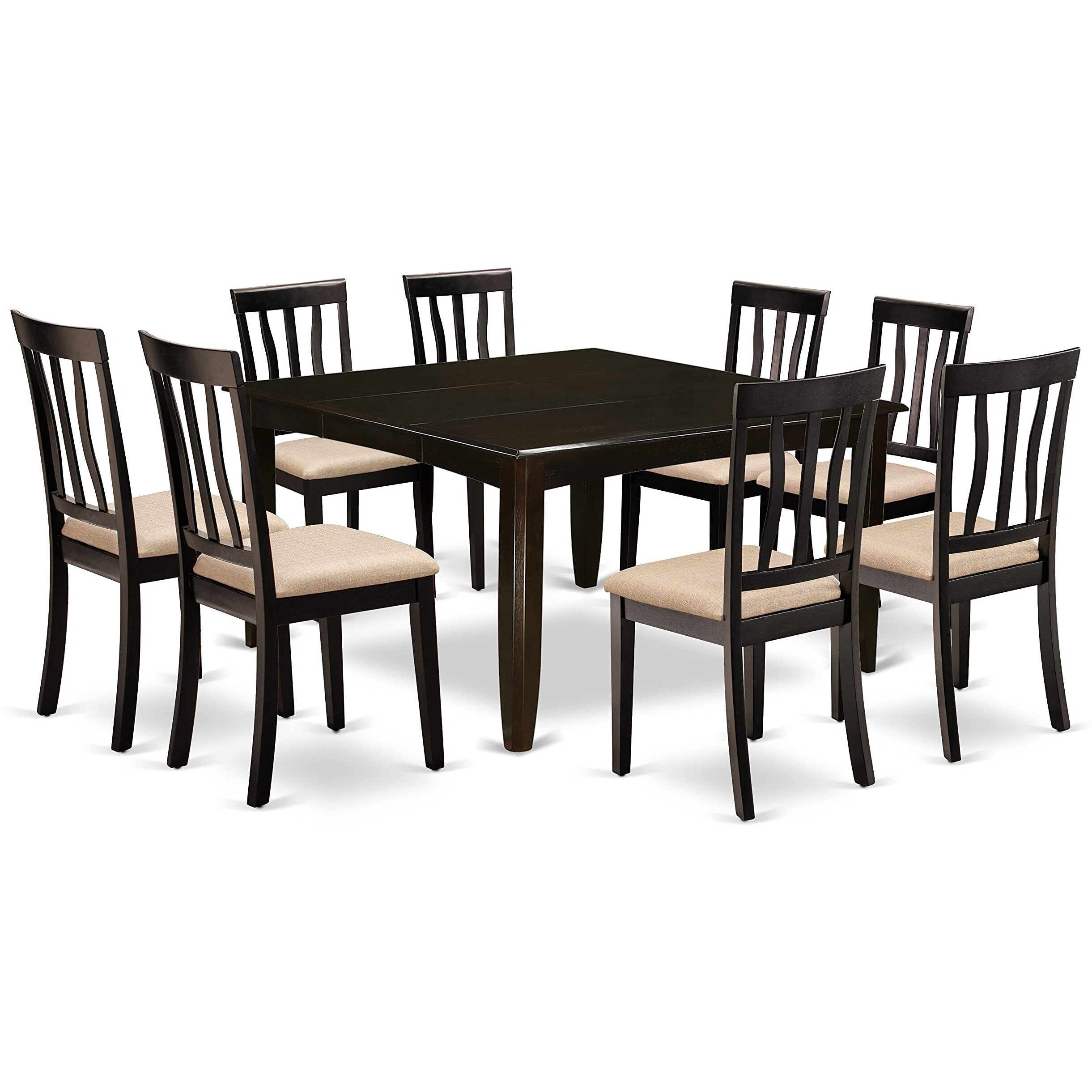East West Furniture Pfan9-Cap-C 9 Piece Modern Dining Table Set Includes A Square Wooden Table With Butterfly Leaf And 8 Linen Fabric Dining Room Chairs  54X54 Inch  Cappuccino