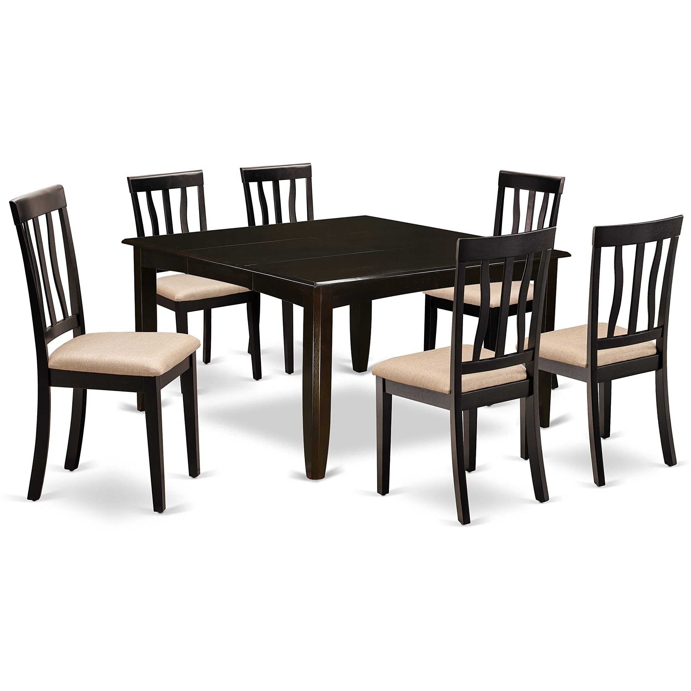 East West Furniture Pfan7-Cap-C 7 Piece Dining Room Table Set Consist Of A Square Wooden Table With Butterfly Leaf And 6 Linen Fabric Kitchen Dining Chairs  54X54 Inch  Cappuccino