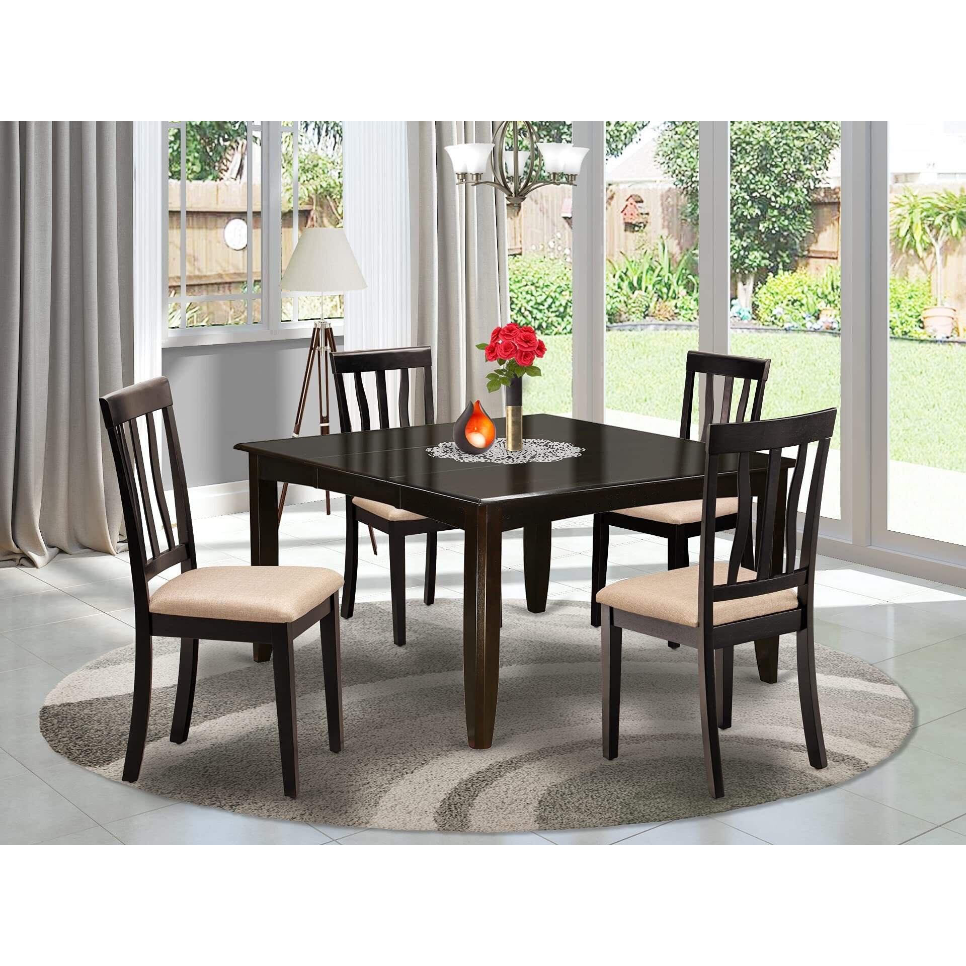 East West Furniture Pfan6-Cap-C 6 Piece Dining Set Contains A Square Dining Room Table With Butterfly Leaf And 4 Linen Fabric Kitchen Chairs With A Bench  54X54 Inch  Cappuccino