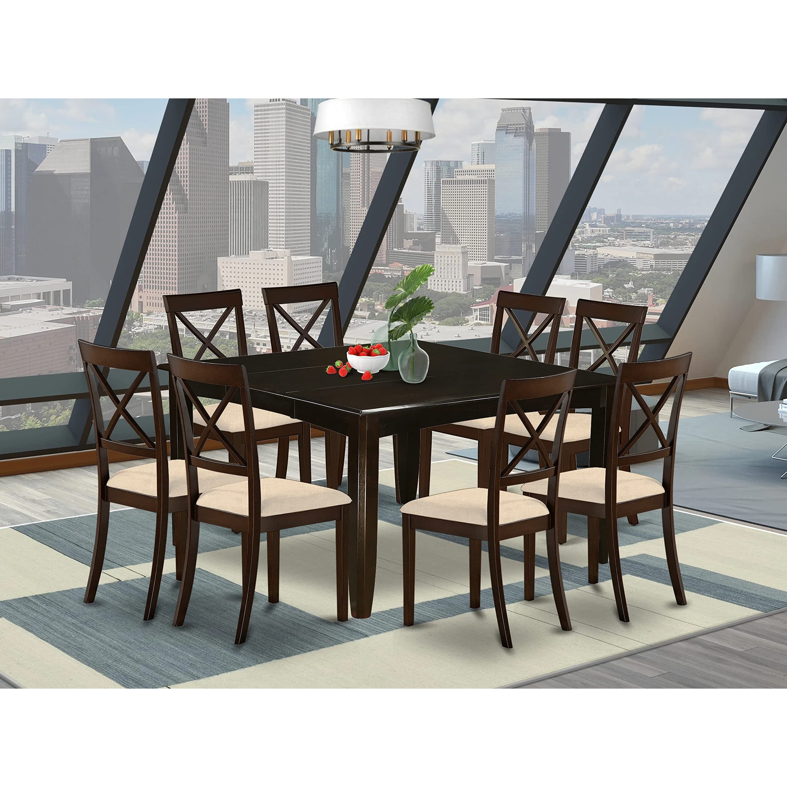 East West Furniture Pfbo9-Cap-C 9 Piece Dining Table Set Includes A Square Wooden Table With Butterfly Leaf And 8 Linen Fabric Dining Room Chairs  54X54 Inch  Cappuccino