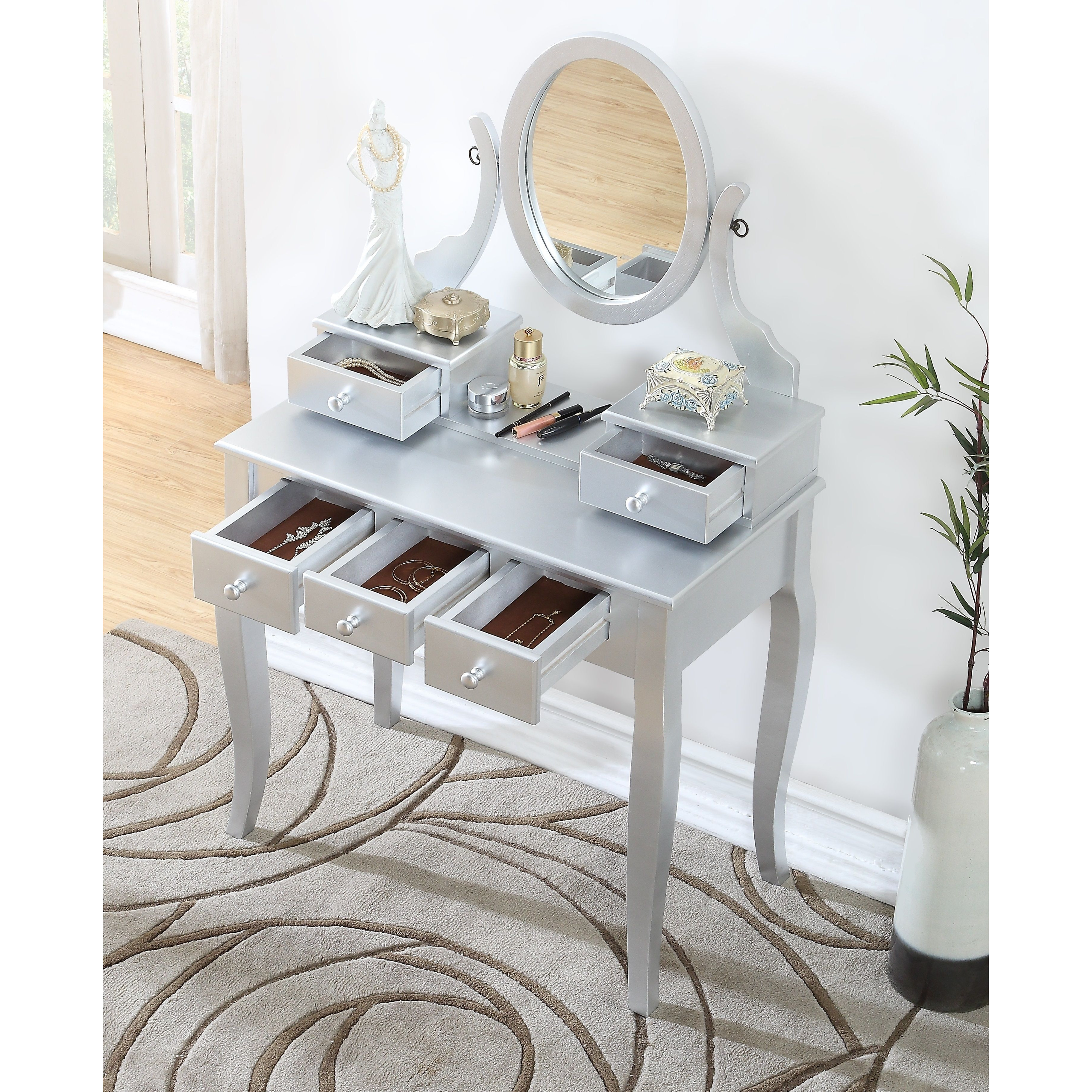 Ashley Wood Make-Up Vanity Table And Stool Set  Silver