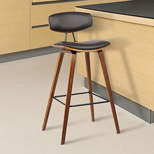 Armen Living Fox 30"" Mid-Century Bar Height Barstool In Brown Faux Leather With Walnut Wood