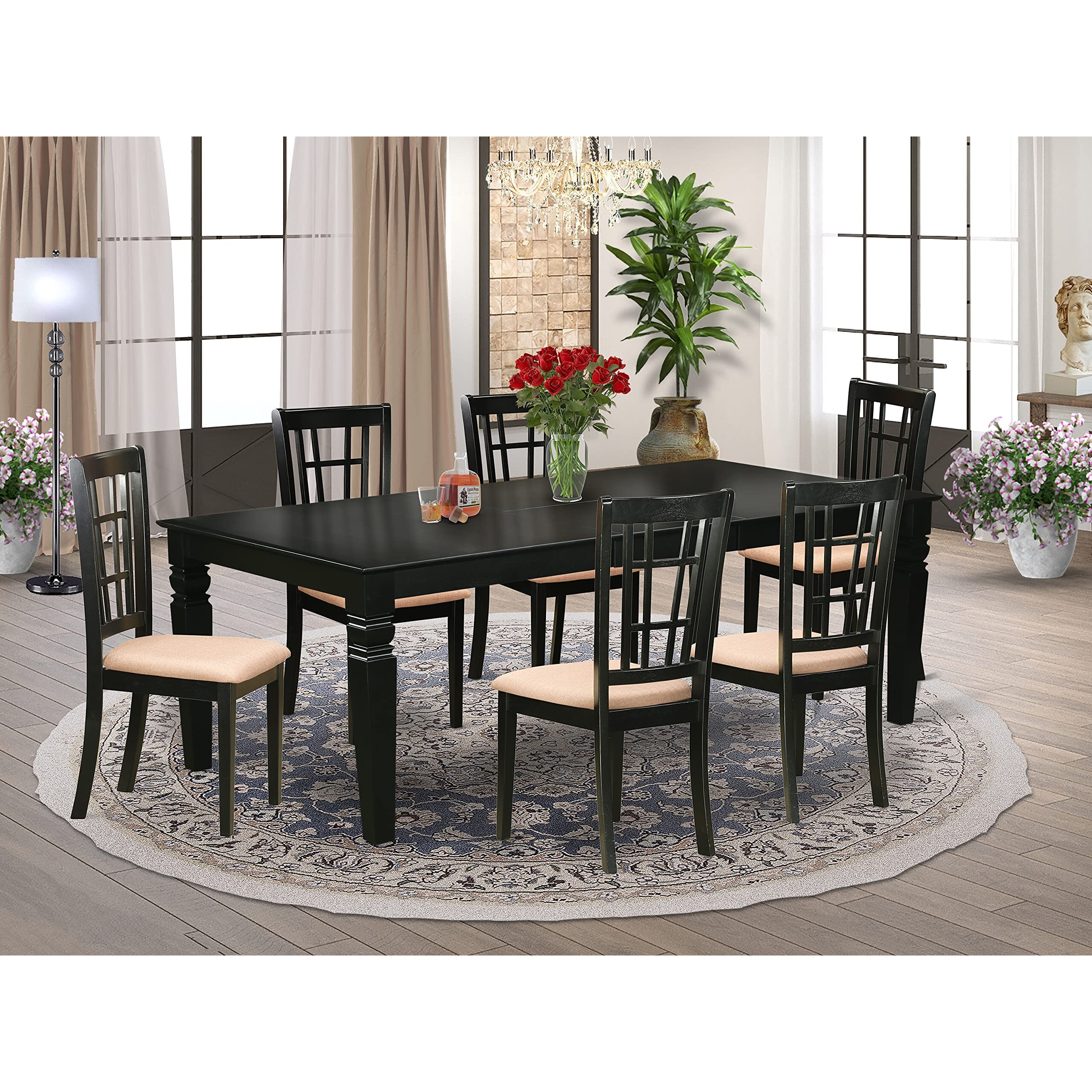 East West Furniture Lgni7-Blk-C Logan 7 Piece Kitchen Set Consist Of A Rectangle Table With Butterfly Leaf And 6 Linen Fabric Dining Room Chairs  42X84 Inch