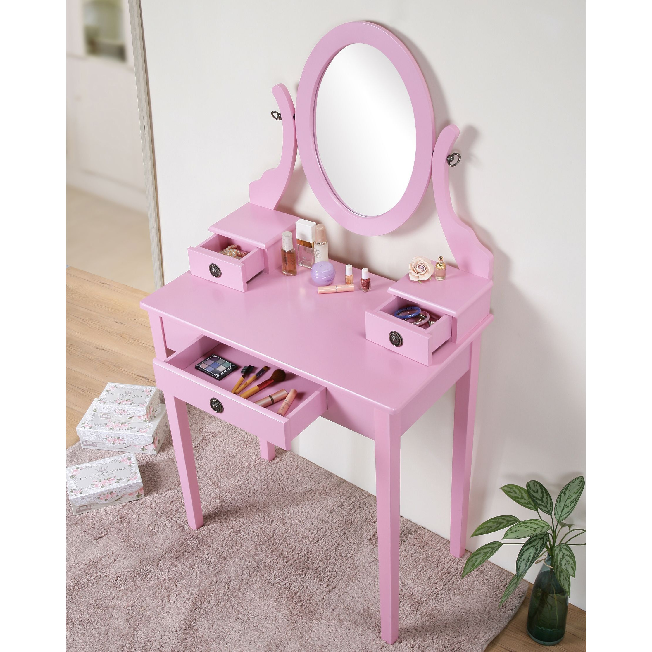 Moniys Wood Moniya Makeup Vanity Table And Stool Set  Pink