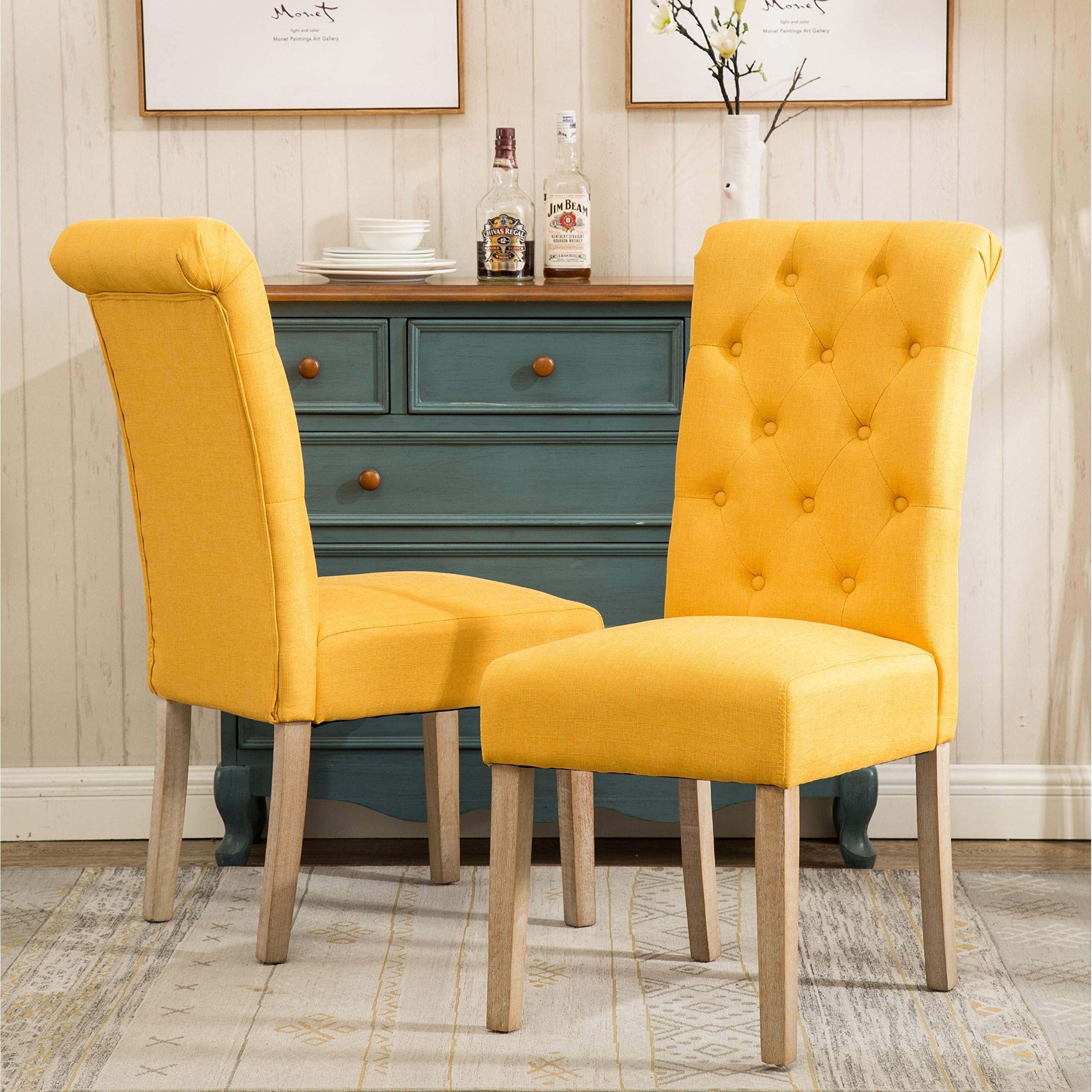 Roundhill Furniture Habit Solid Wood Tufted Parsons Yellow Dining Chair  Set Of 2