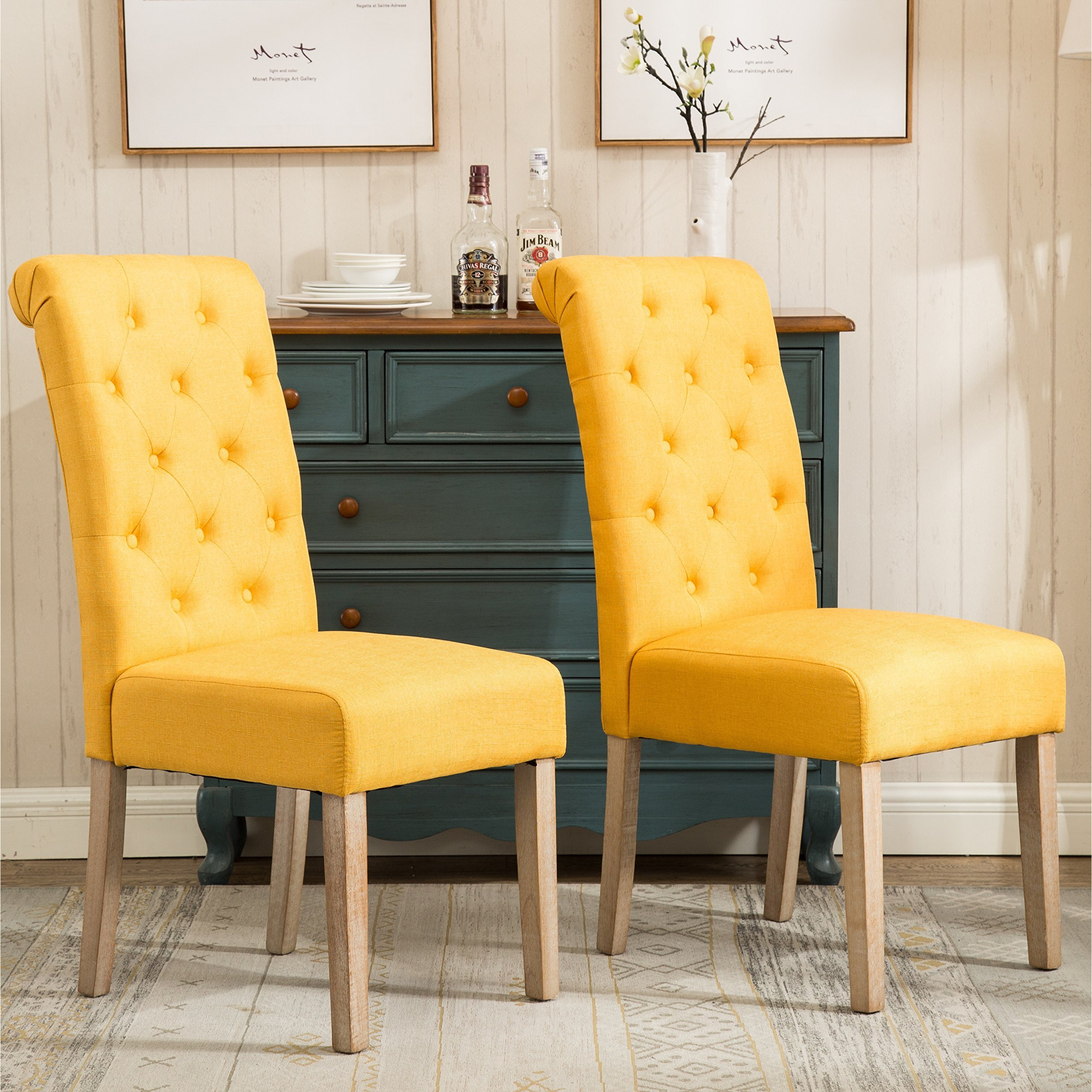 Roundhill Furniture Habit Solid Wood Tufted Parsons Yellow Dining Chair  Set Of 2