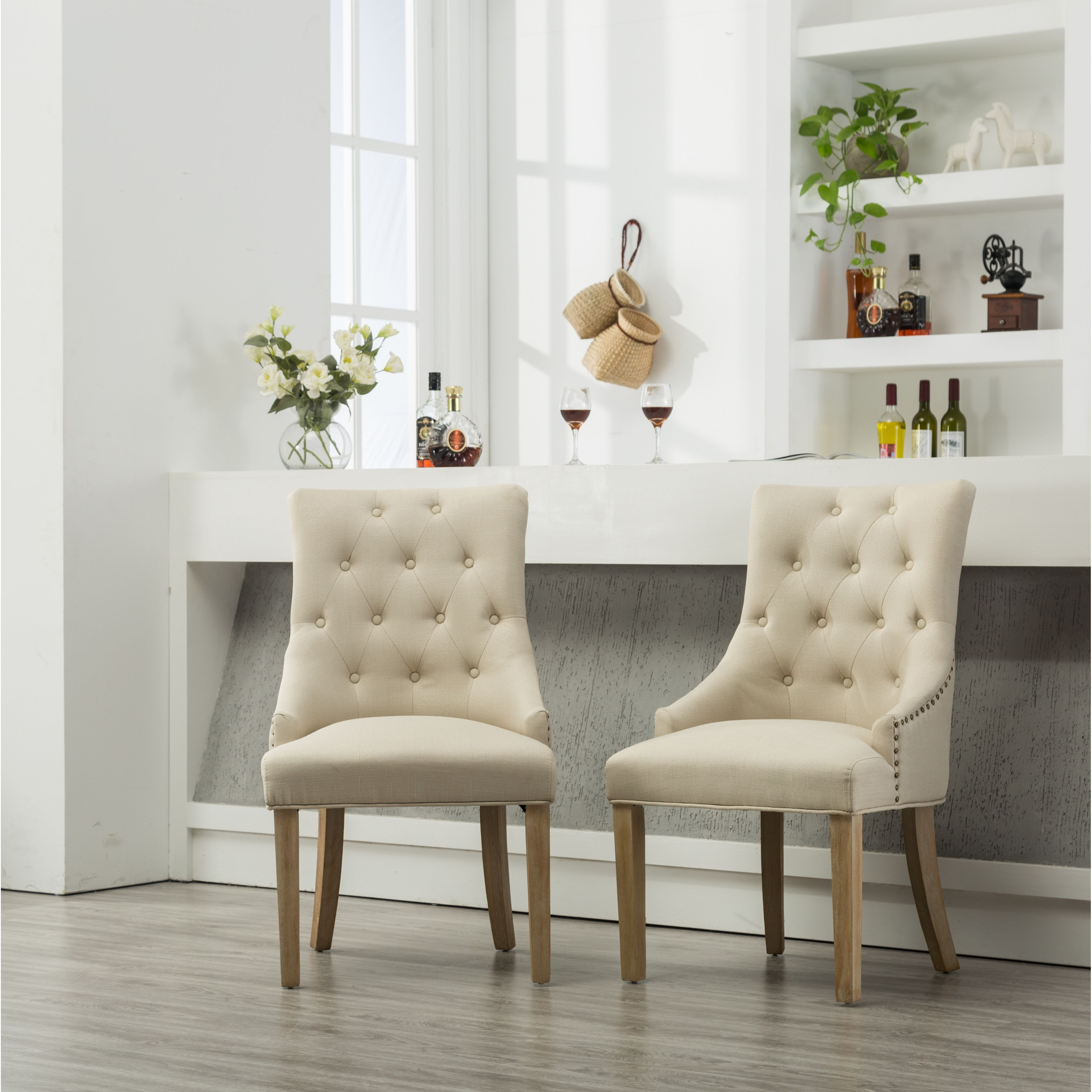 Tan Button Tufted Solid Wood Wingback Hostess Chairs With Nail Heads Set Of 2