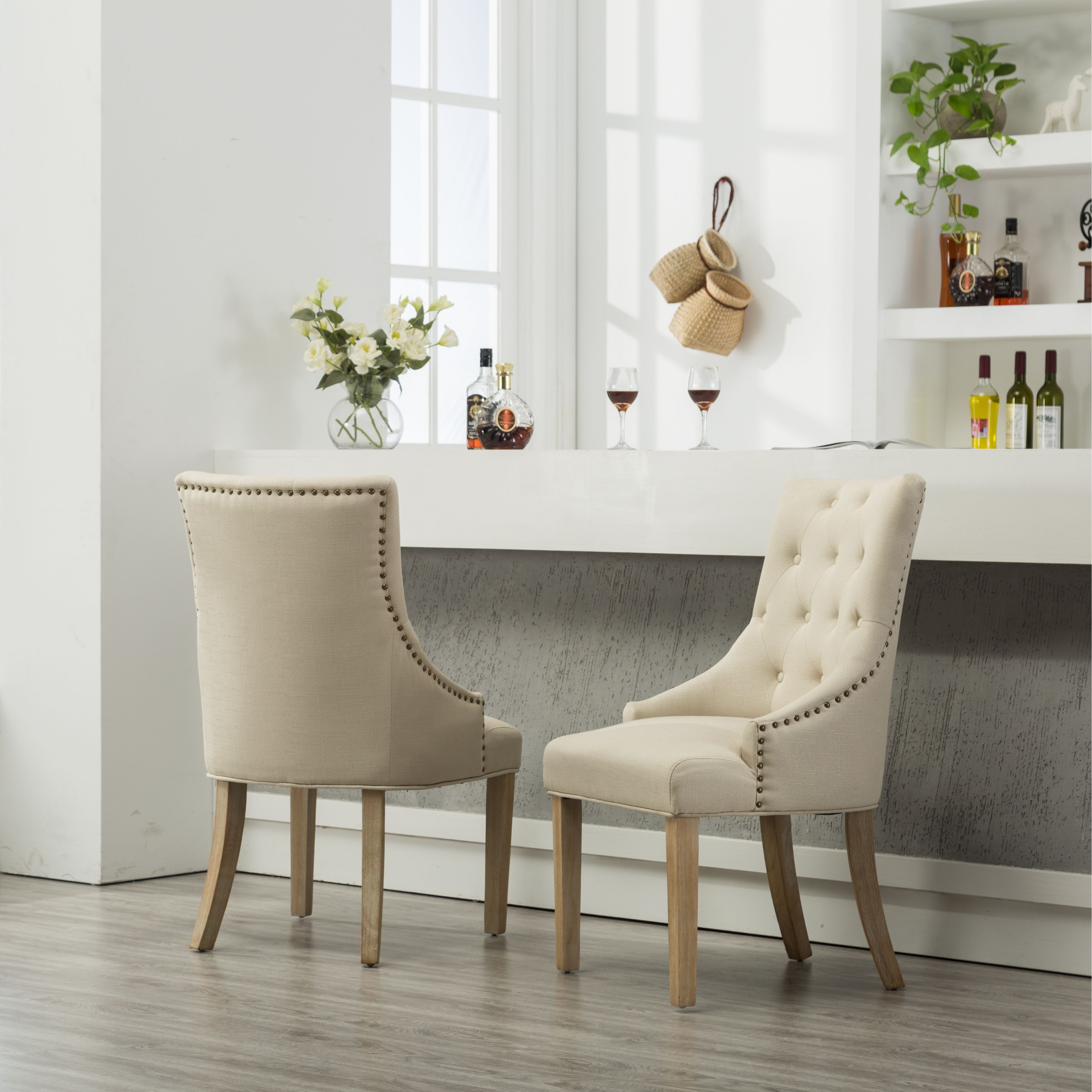 Tan Button Tufted Solid Wood Wingback Hostess Chairs With Nail Heads Set Of 2