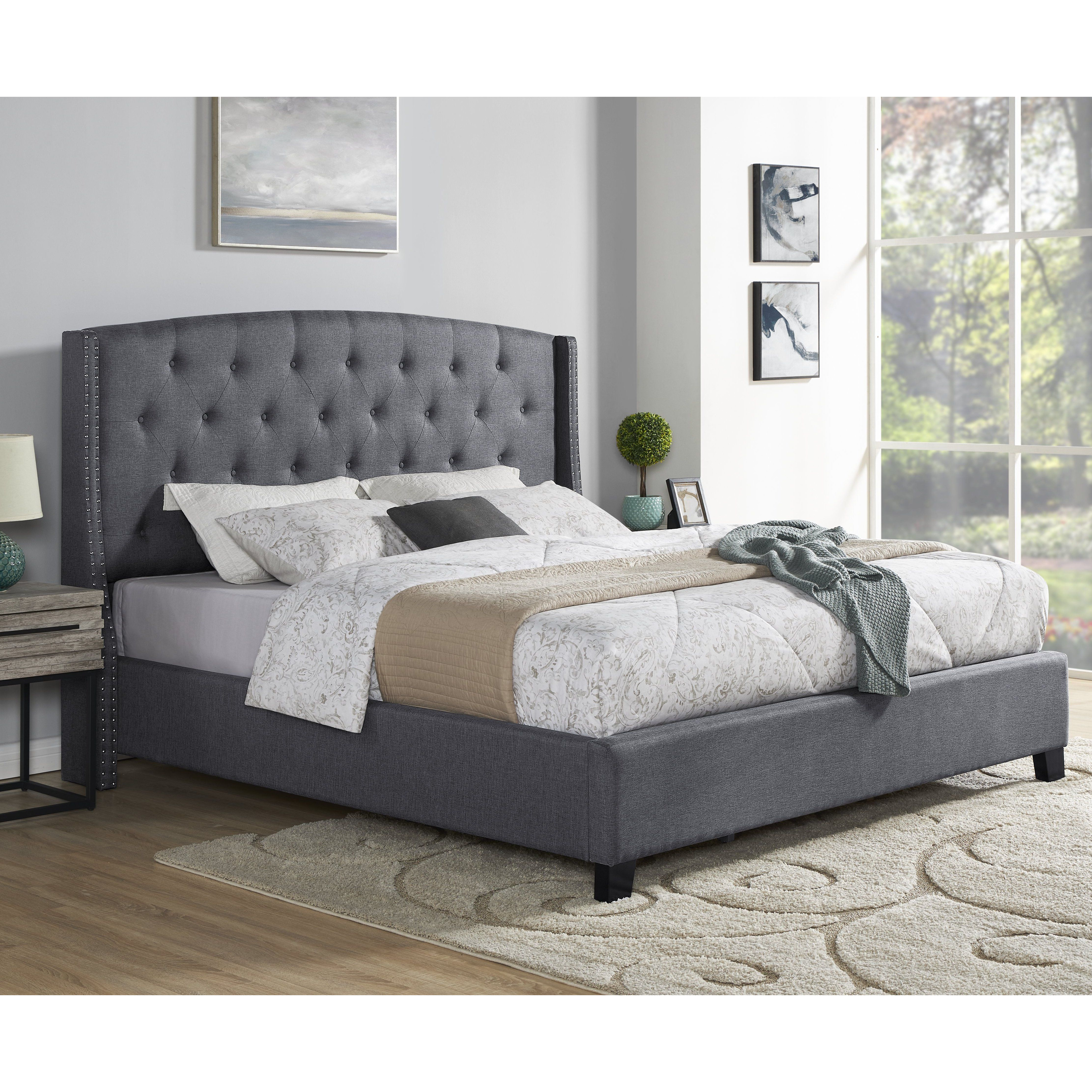 Nantarre Fabric Button Tufted Wingback Upholstered Bed With Nail Head Trim  Gray