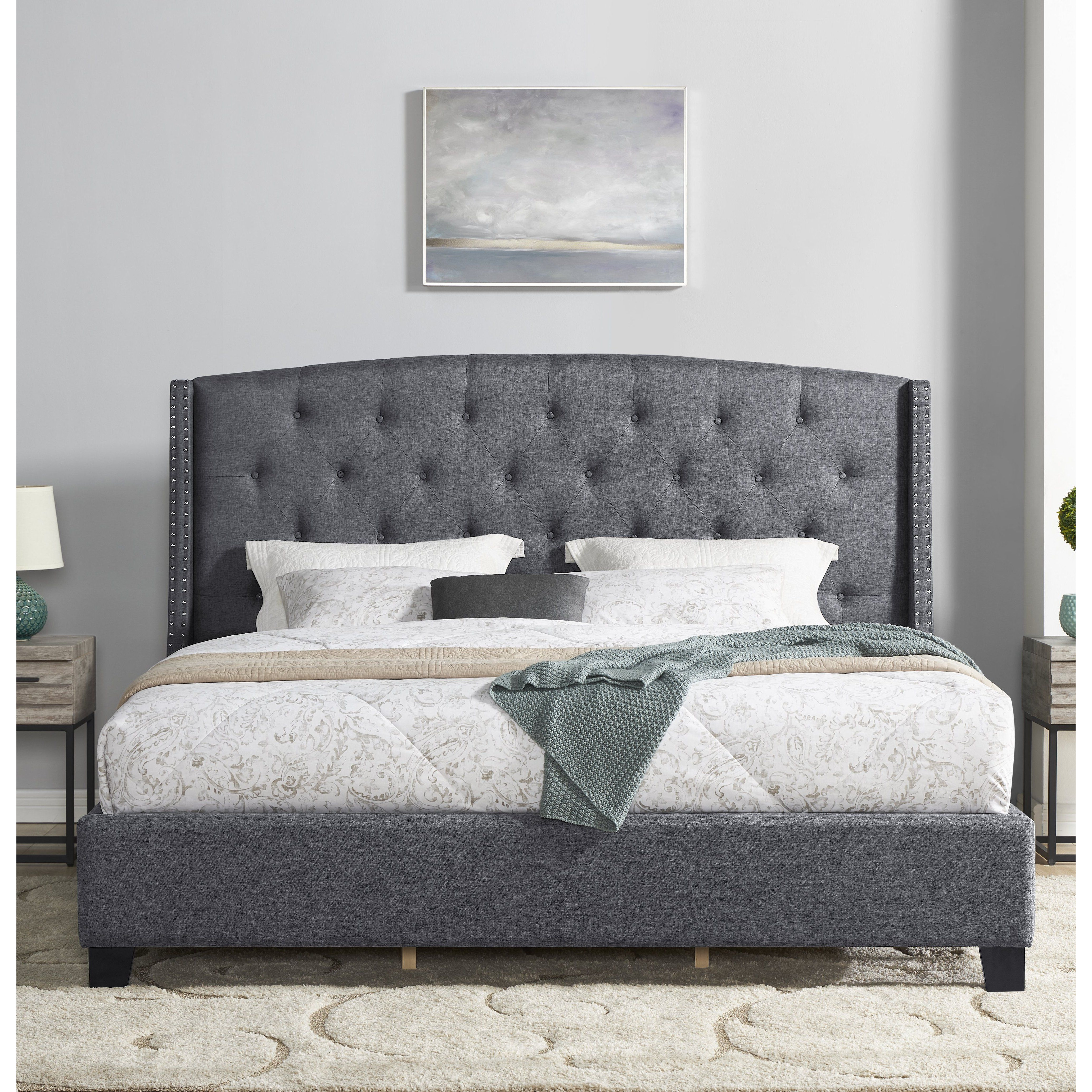 Nantarre Fabric Button Tufted Wingback Upholstered Bed With Nail Head Trim  Gray