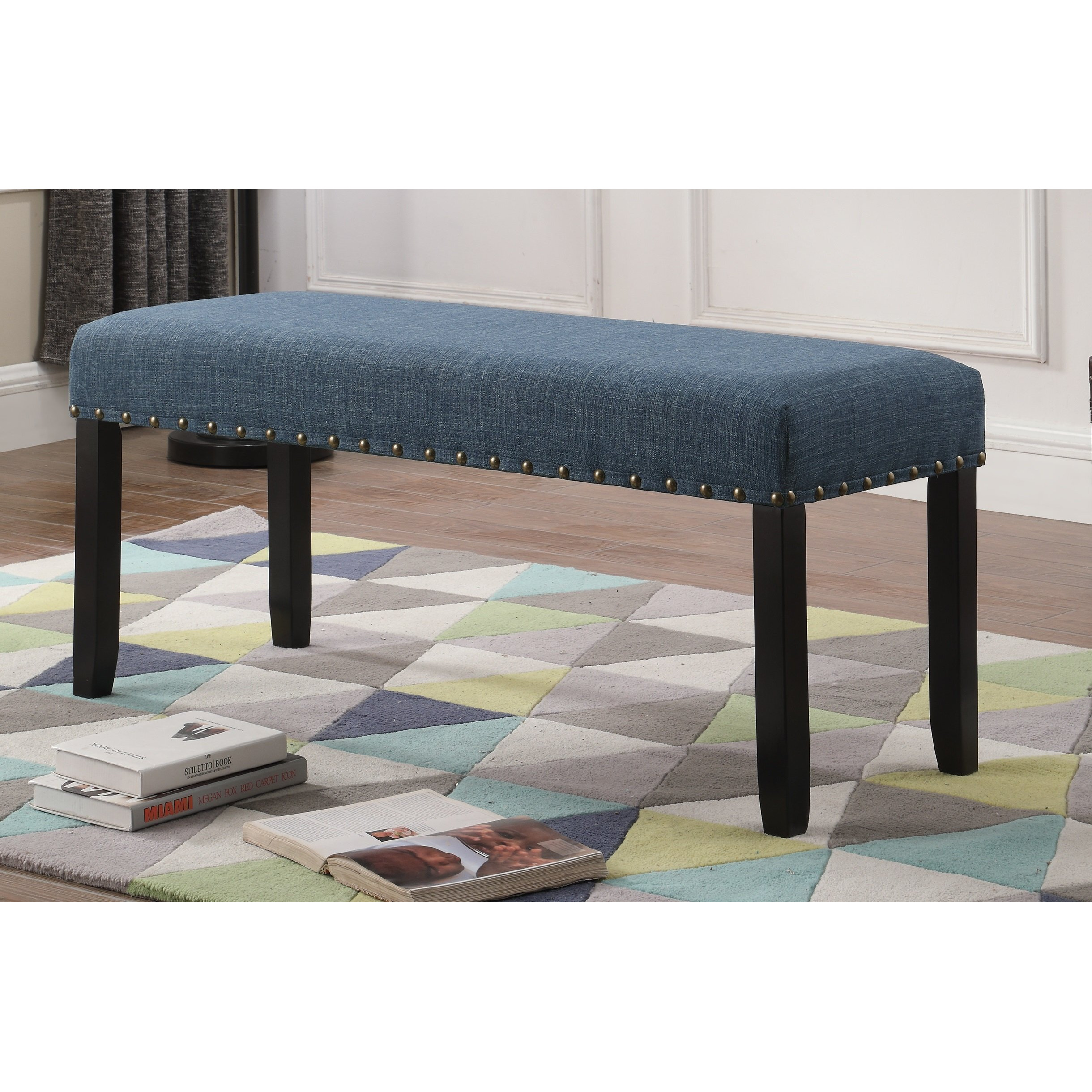 Roundhill Furniture Biony Fabric Dining Bench With Nailhead Trim  Blue