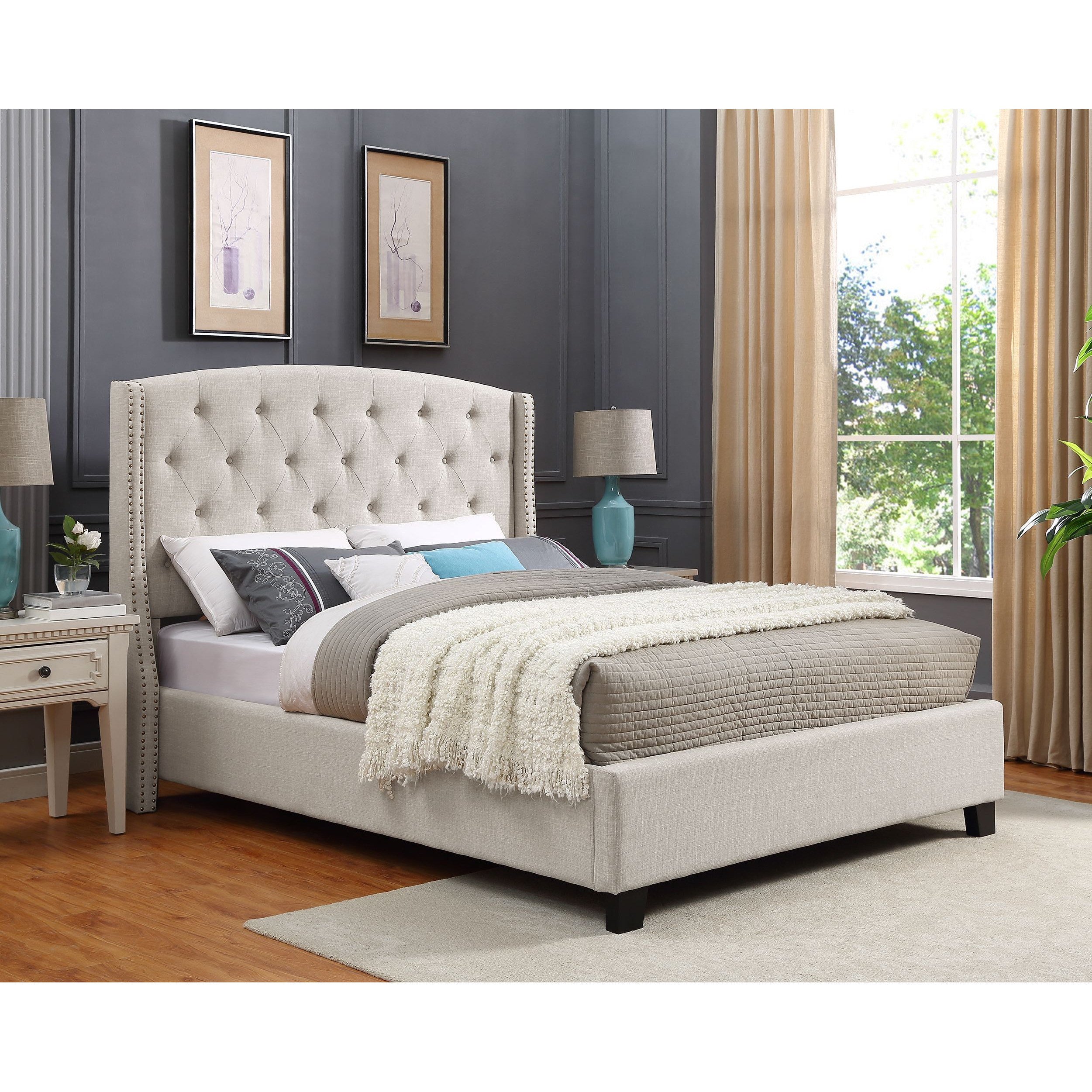 Nantarre Fabric Button Tufted Wingback Upholstered Bed With Nail Head Trim  Beige