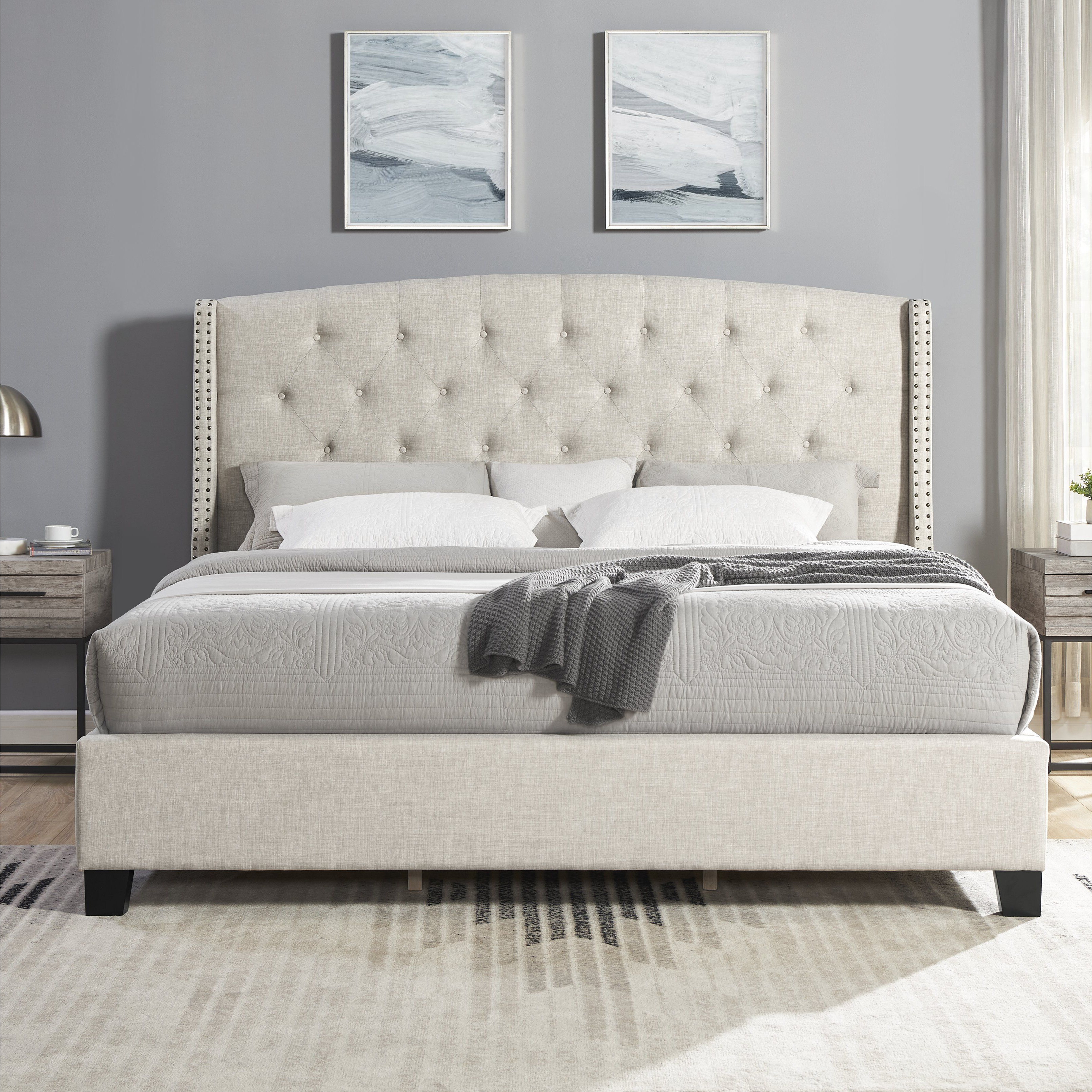 Nantarre Fabric Button Tufted Wingback Upholstered Bed With Nail Head Trim  Beige