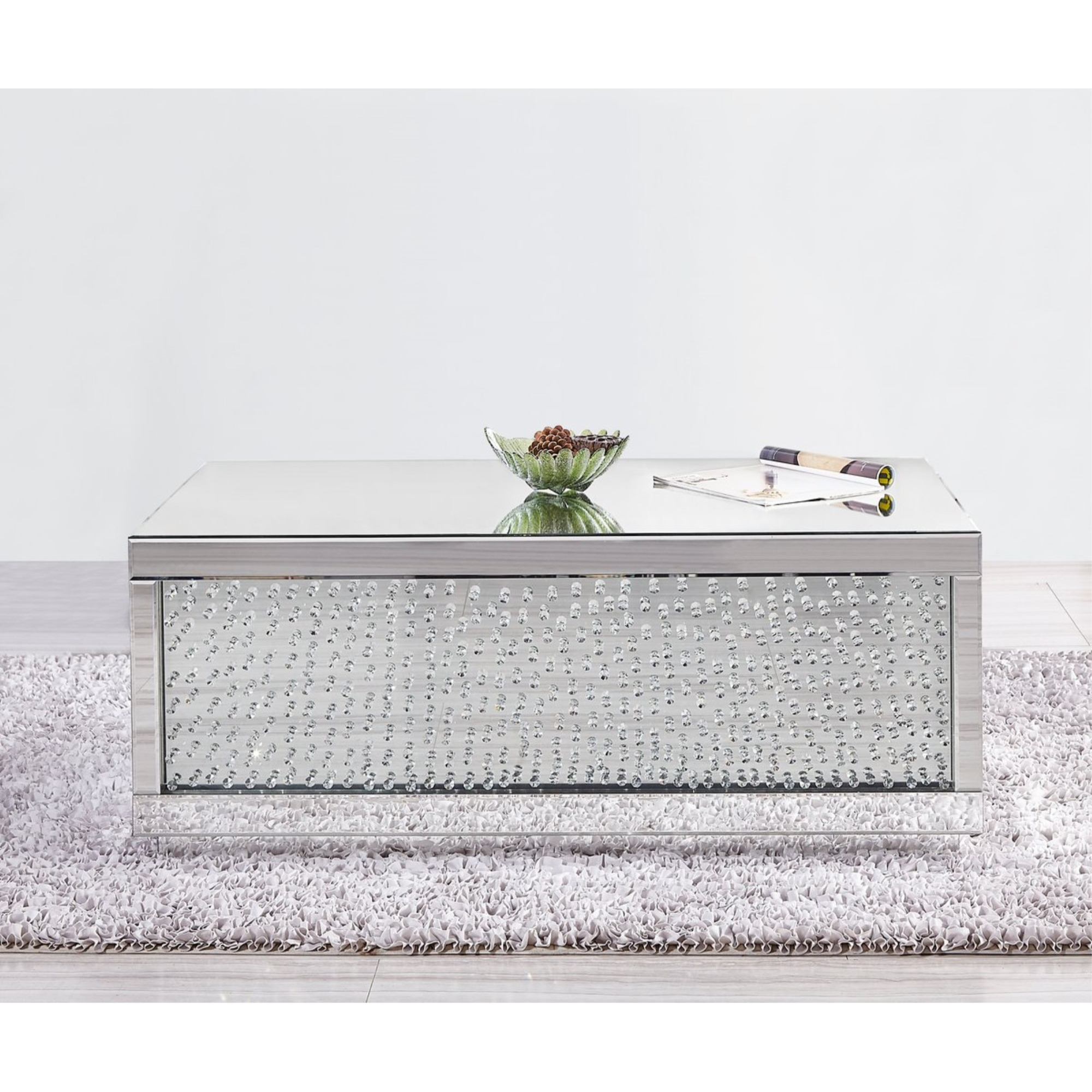 48 Inch Rectangle Crystal Coffee Table In Clear Mirror Finish