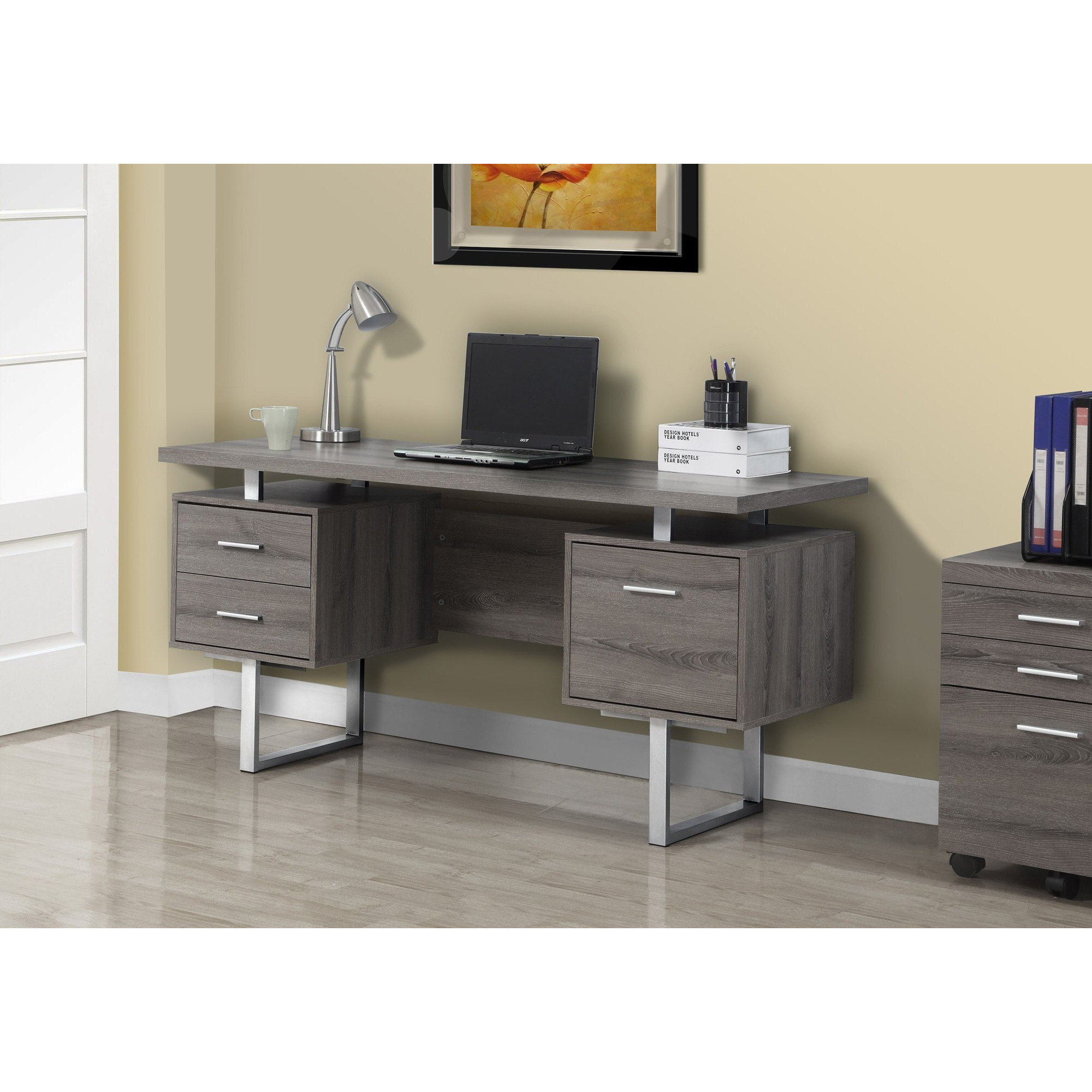 Computer Desk - 60"&quotL / Dark Taupe / Silver Metal