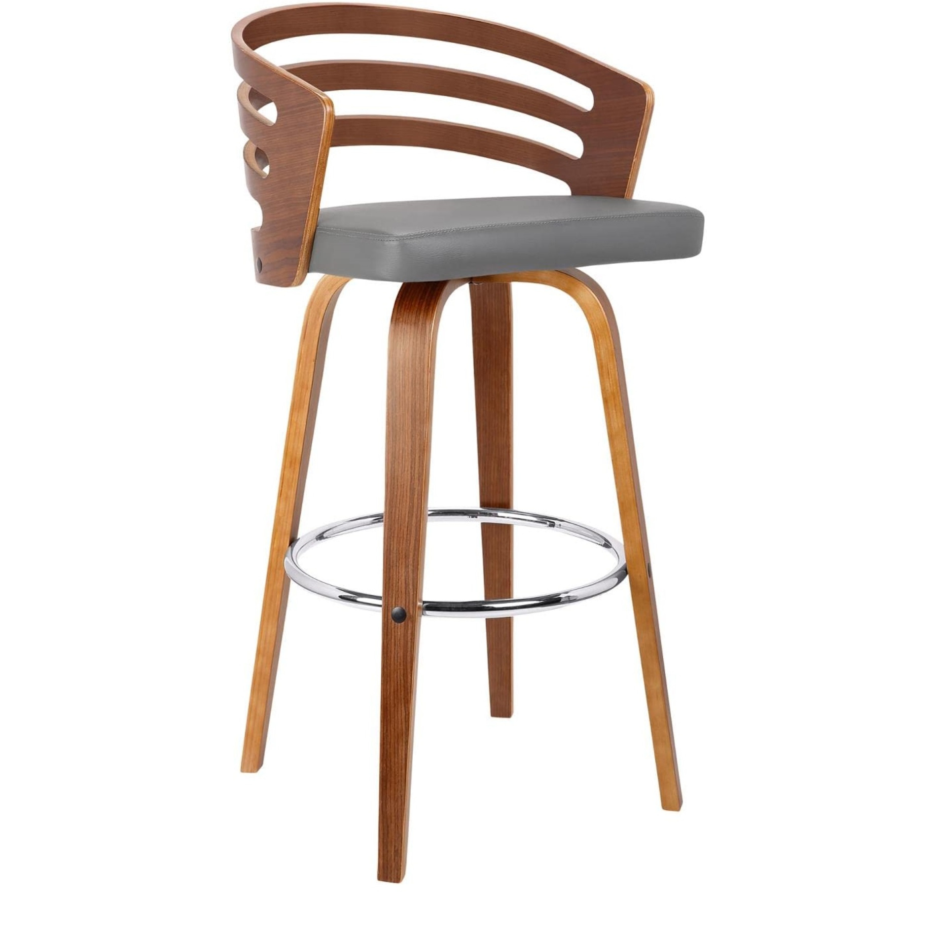 Armen Living Jayden 26"" Mid-Century Swivel Counter Height Barstool In Grey Faux Leather With Walnut Veneer