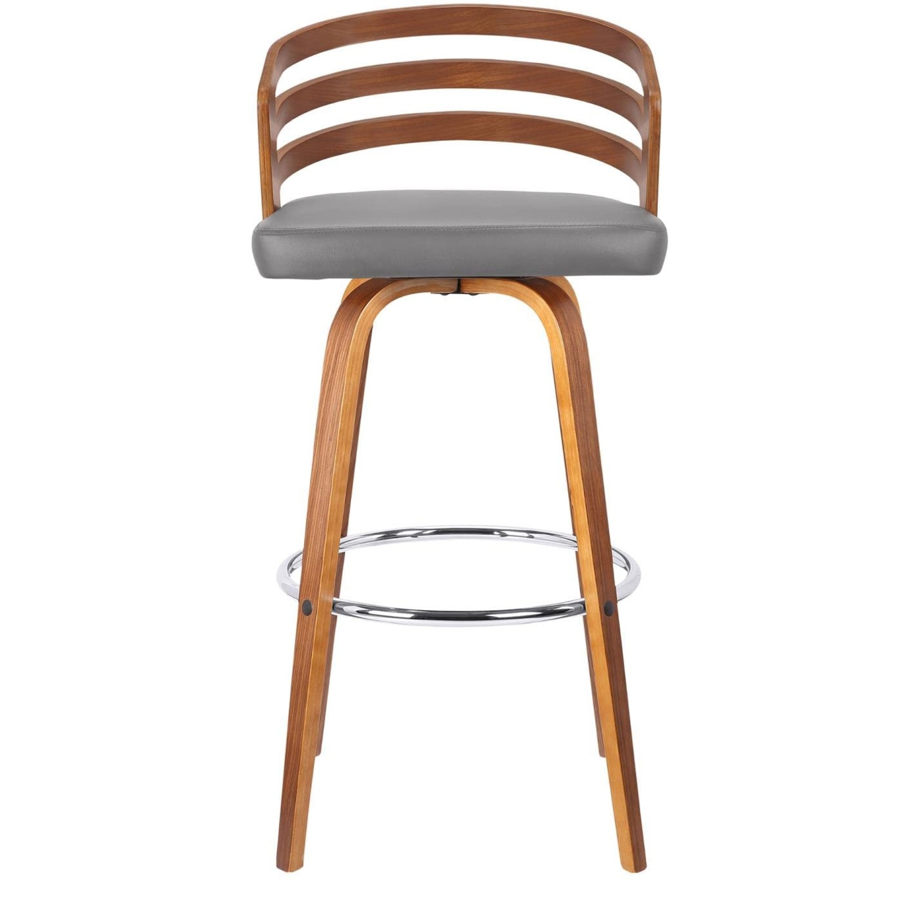 Armen Living Jayden 26"" Mid-Century Swivel Counter Height Barstool In Grey Faux Leather With Walnut Veneer
