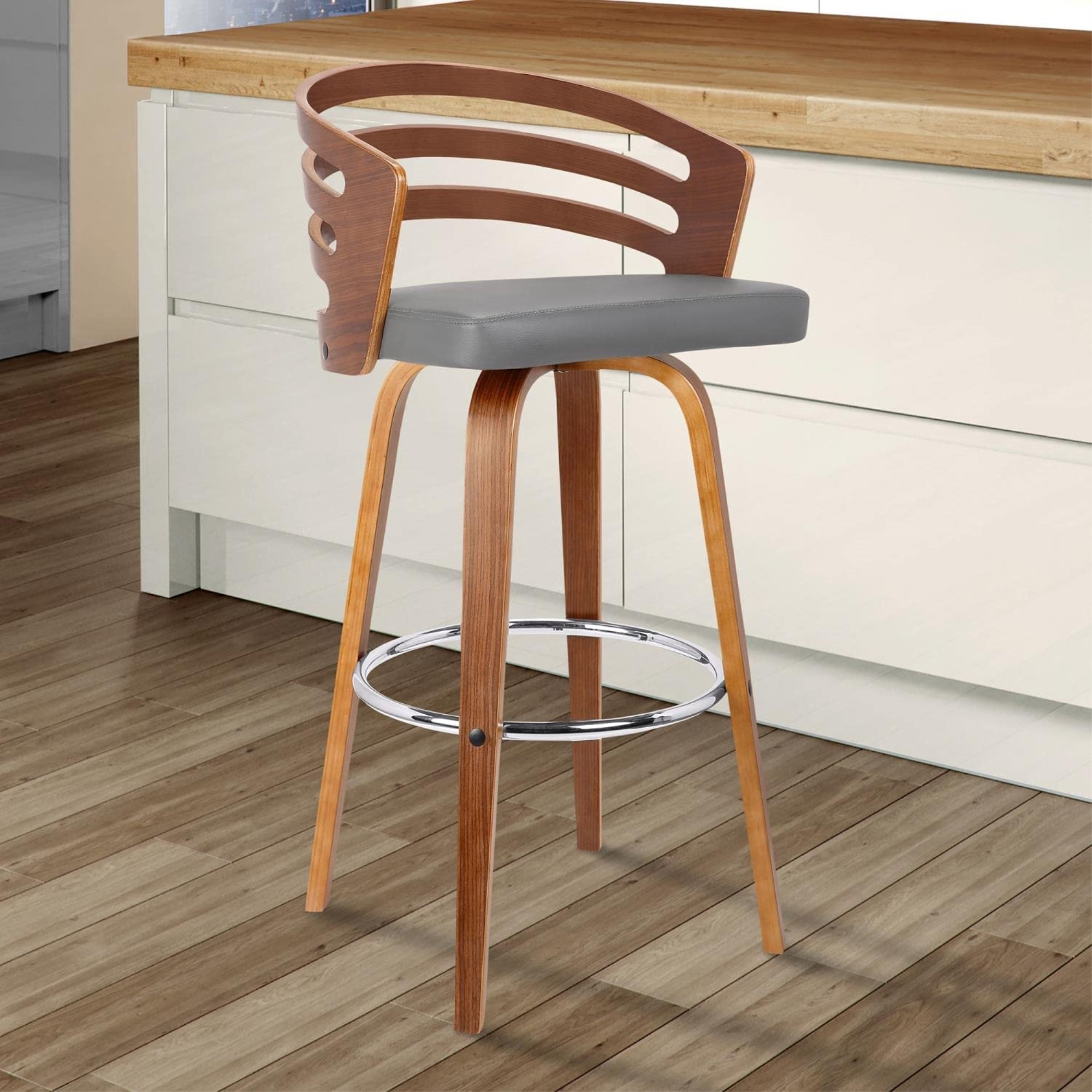 Armen Living Jayden 26"" Mid-Century Swivel Counter Height Barstool In Grey Faux Leather With Walnut Veneer