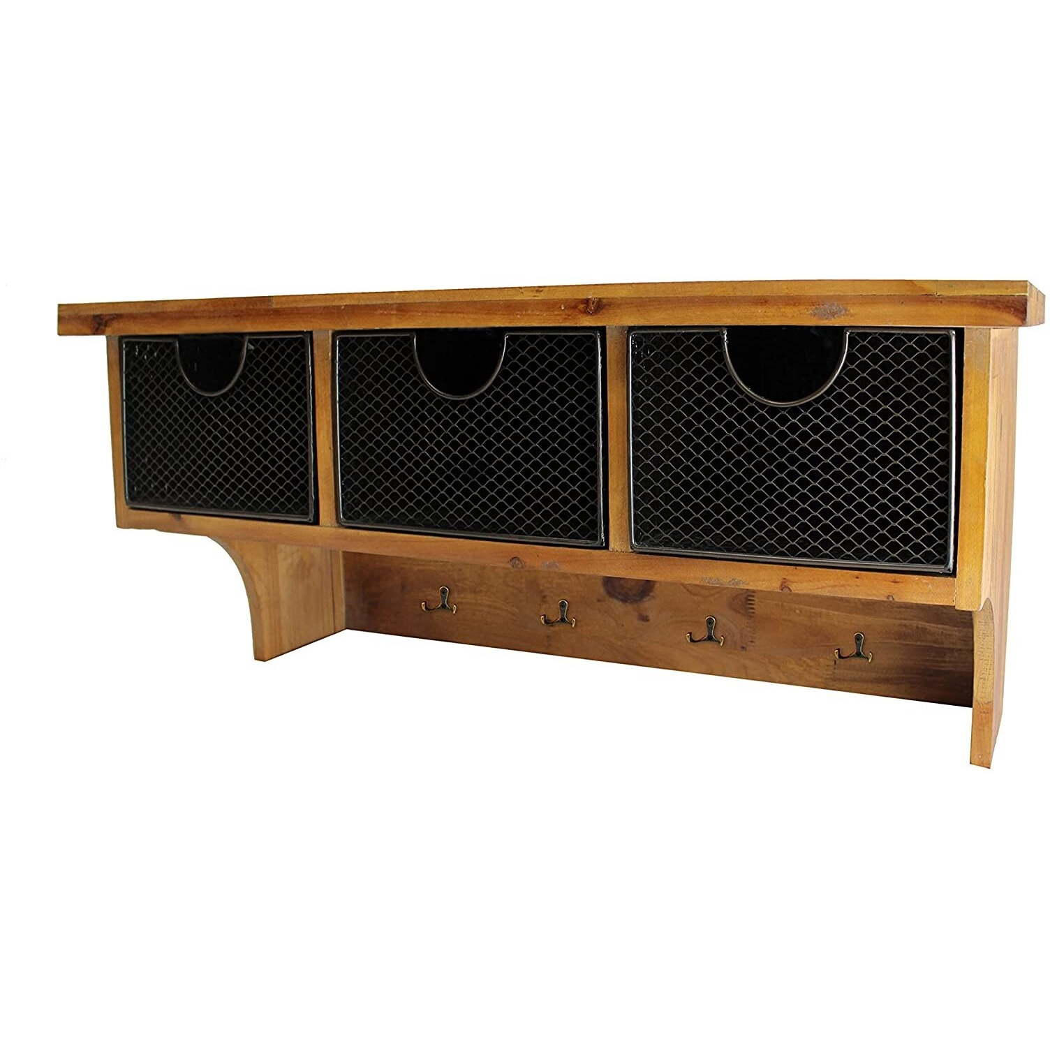Brown Rustic Wooden Wall Shelf With 3 Drawers And Hooks
