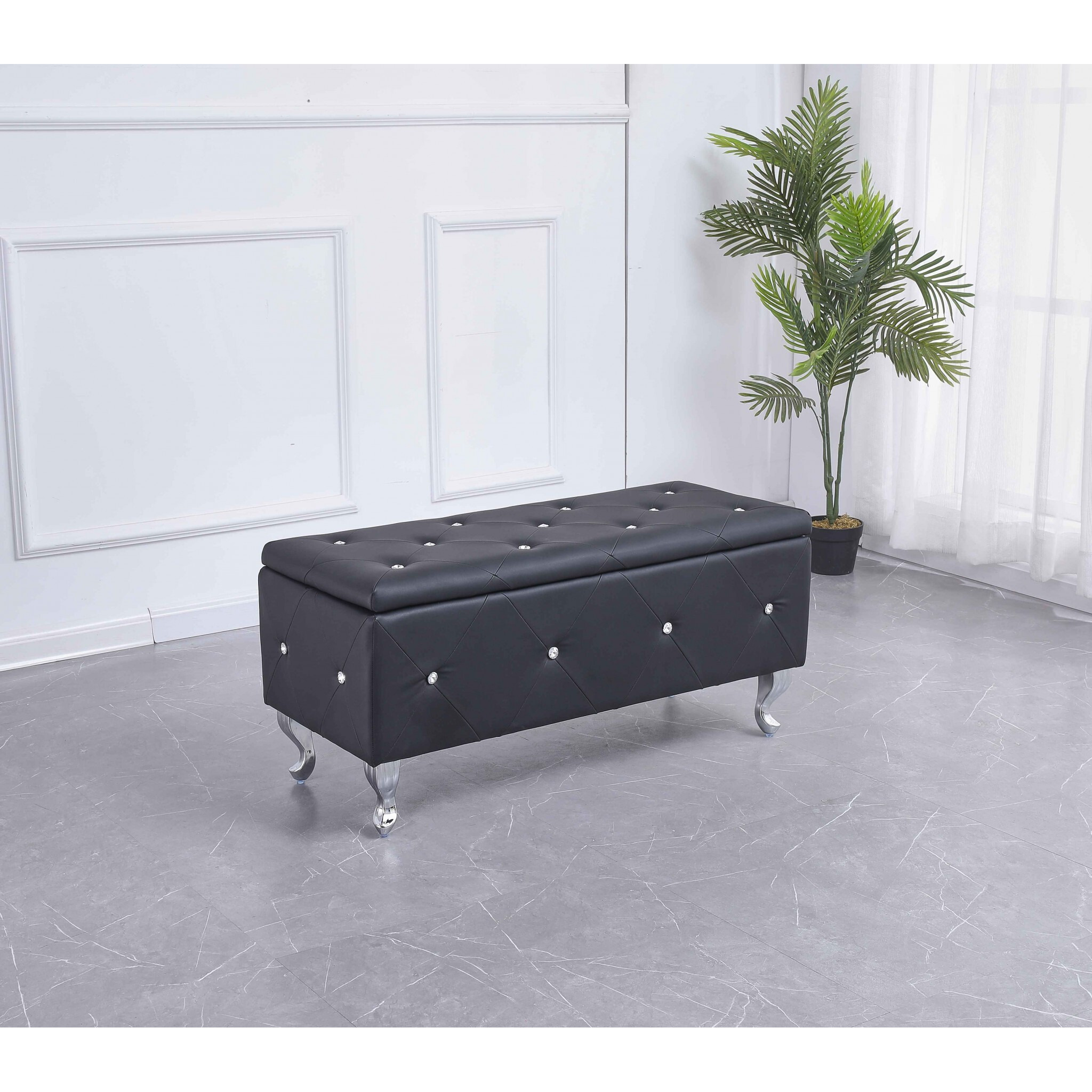Black Tufted Hard Woodstorage Bench
