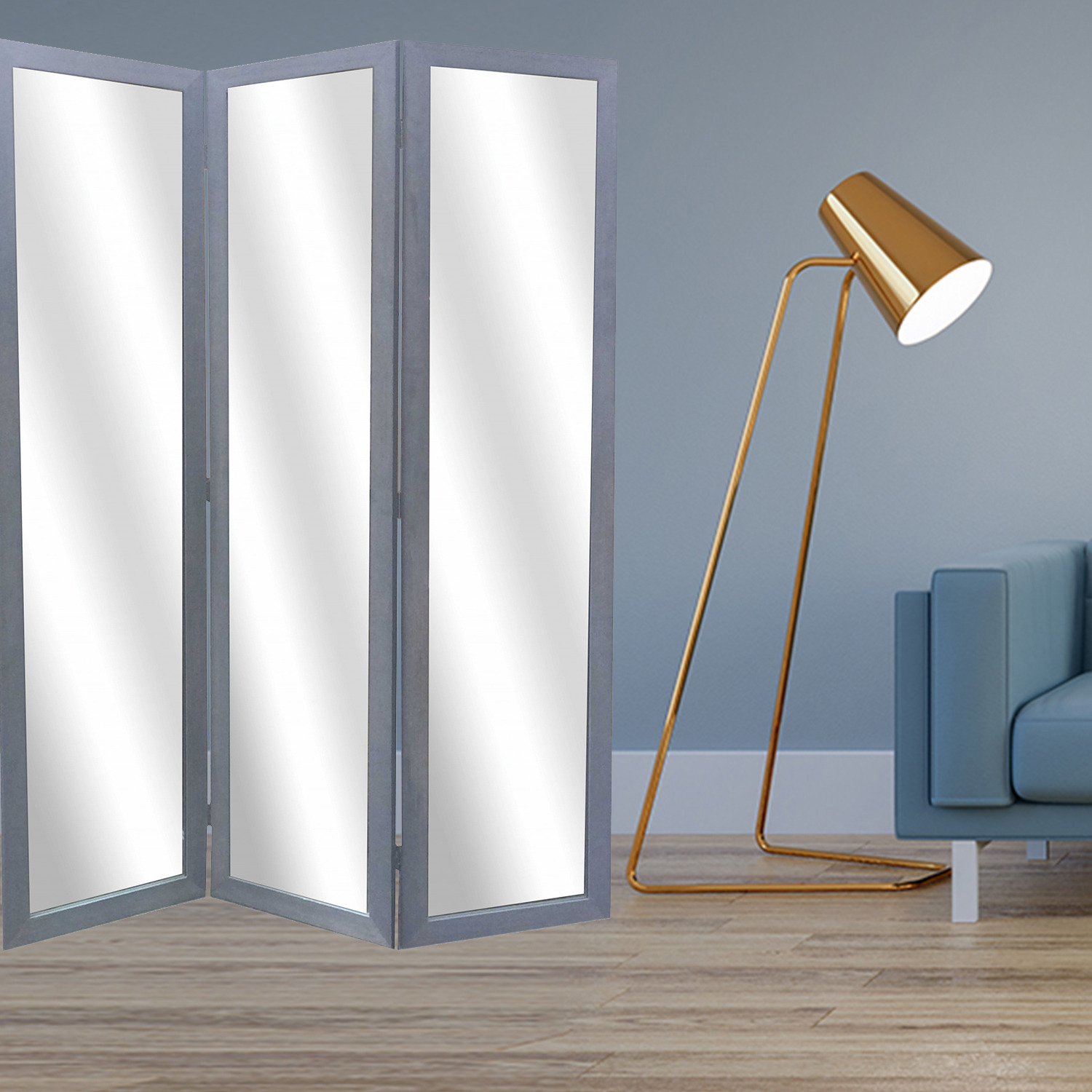 1 X 50 X 69 Gray Glass & Wood Mirror  Screen