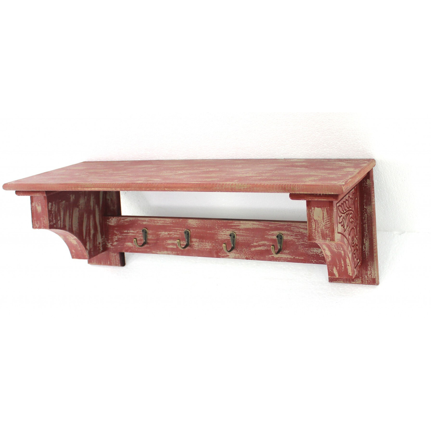 8 X 30 X 9.75 Red Vintage Wooden 4 Metal Hooks - Wall Shelf