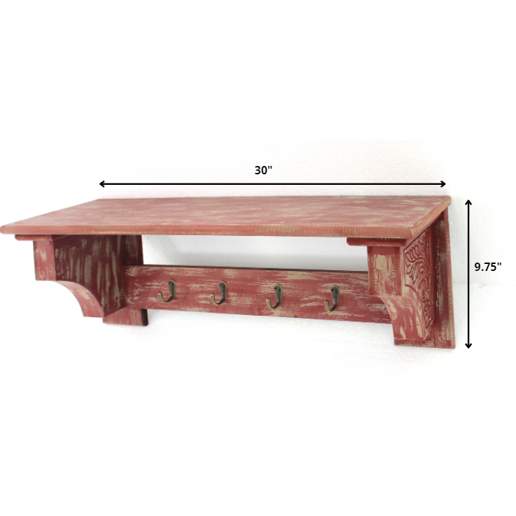 8 X 30 X 9.75 Red Vintage Wooden 4 Metal Hooks - Wall Shelf