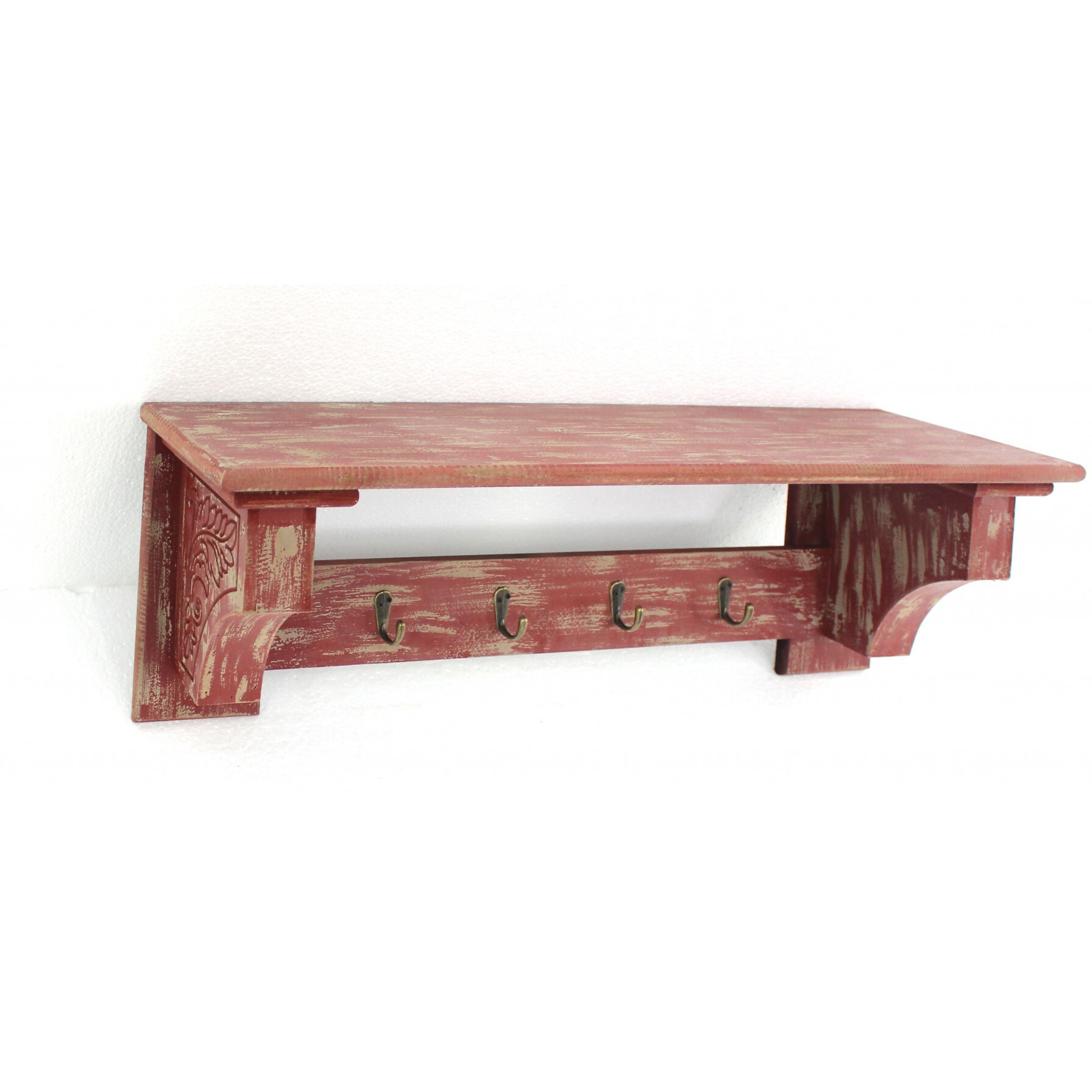 8 X 30 X 9.75 Red Vintage Wooden 4 Metal Hooks - Wall Shelf