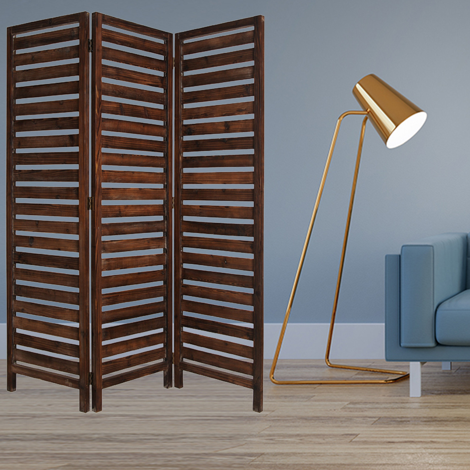 1"" X 63"" X 72"" Brown 3 Panel Solid Wood Fortress  Screen