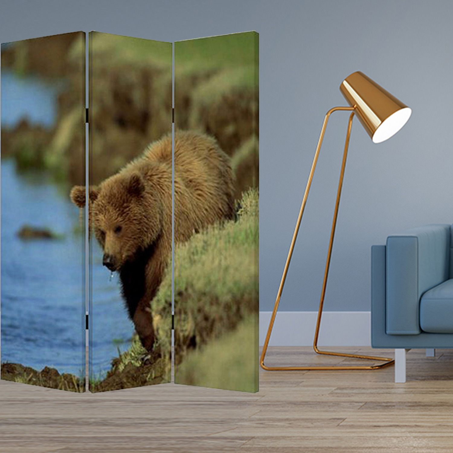 1"" X 48"" X 72"" Multi Color Wood Canvas Bear  Screen
