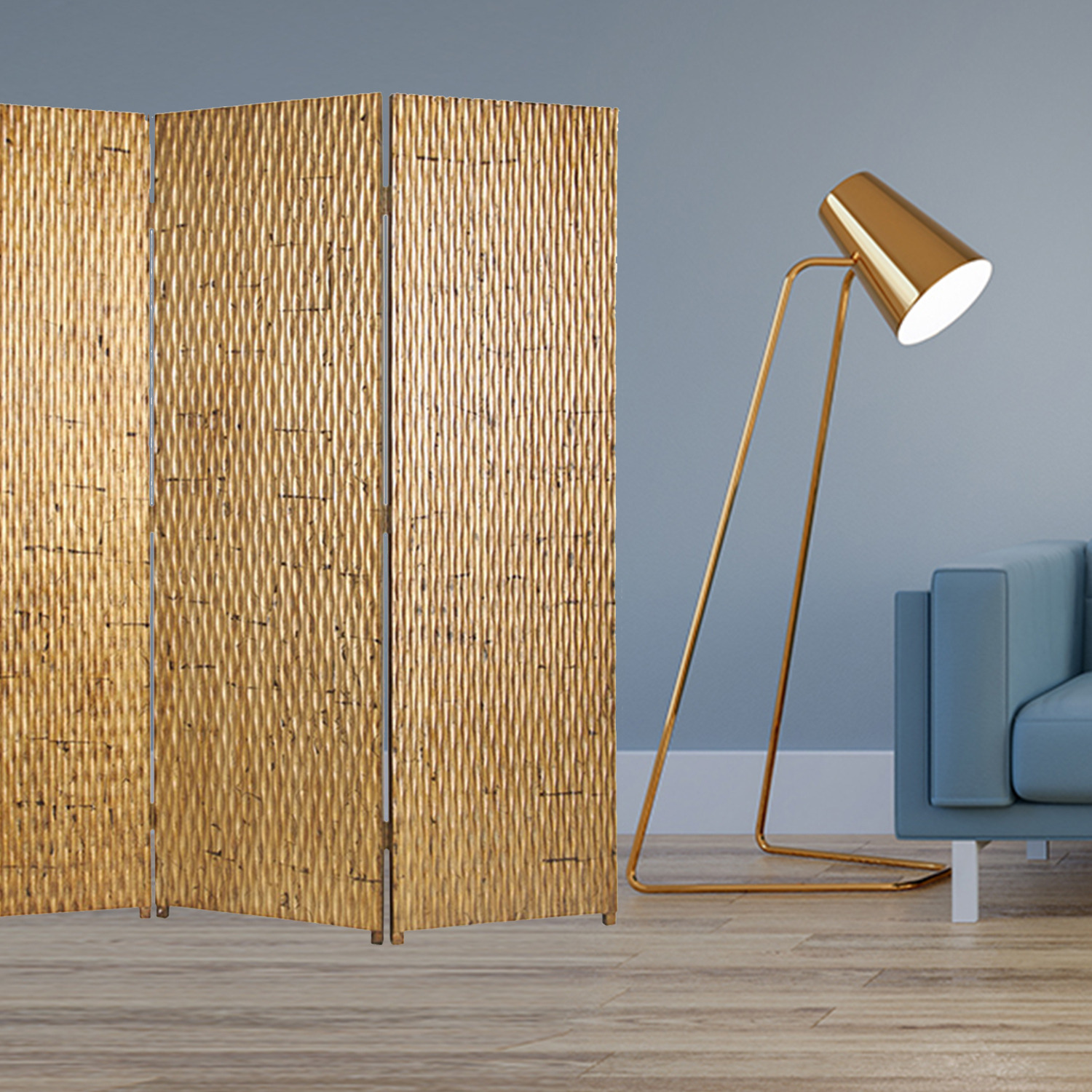1"" X 63"" X 72"" Gold Wood 3 Panel  Screen