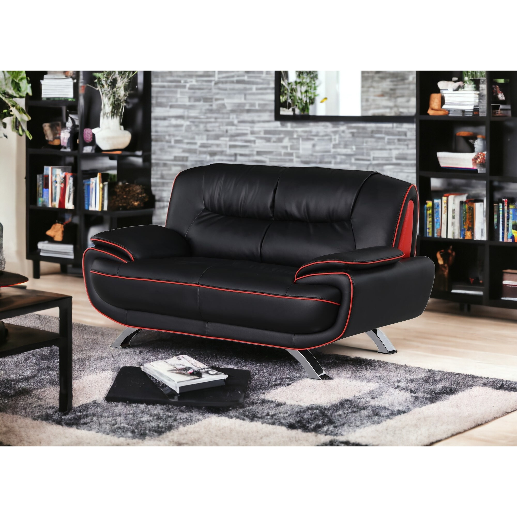 40"" Sleek Black Leather Loveseat