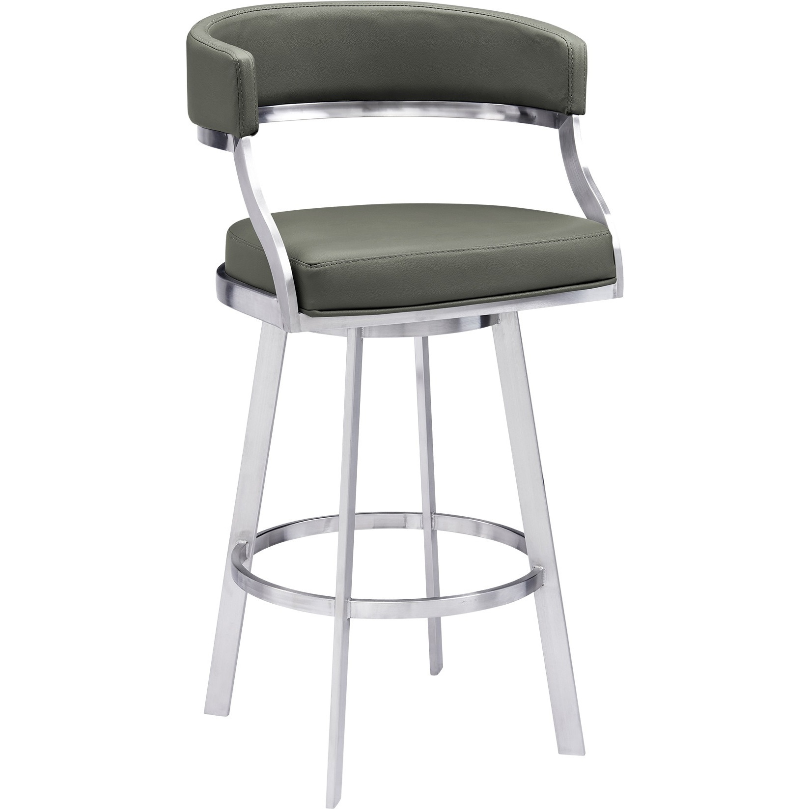 Saturn Contemporary 30"" Bar Height Barstool In Brushed Stainless Steel Finish And Grey Faux Leather