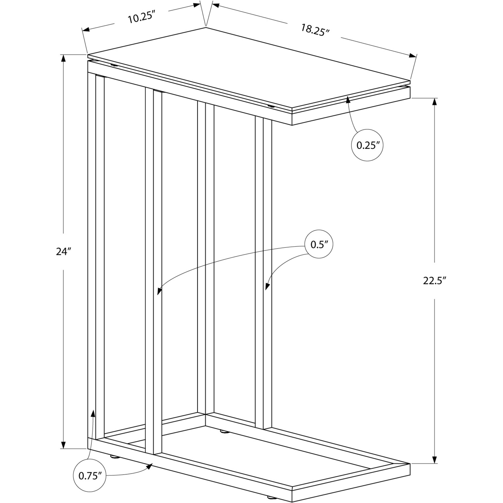 18.25"" X 10.25"" X 24"" Black Metal Tempered Glass Accent Table