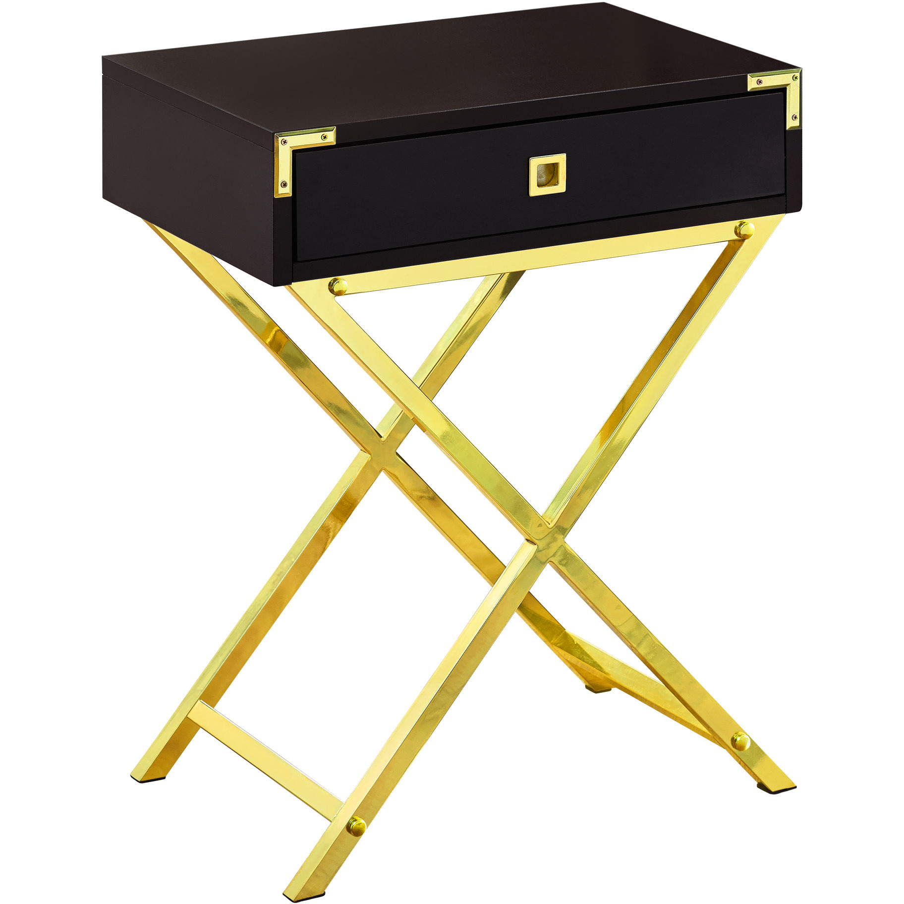 12"" X 18.25"" X 24"" Cappuccino Finish And Gold Metal Accent Table