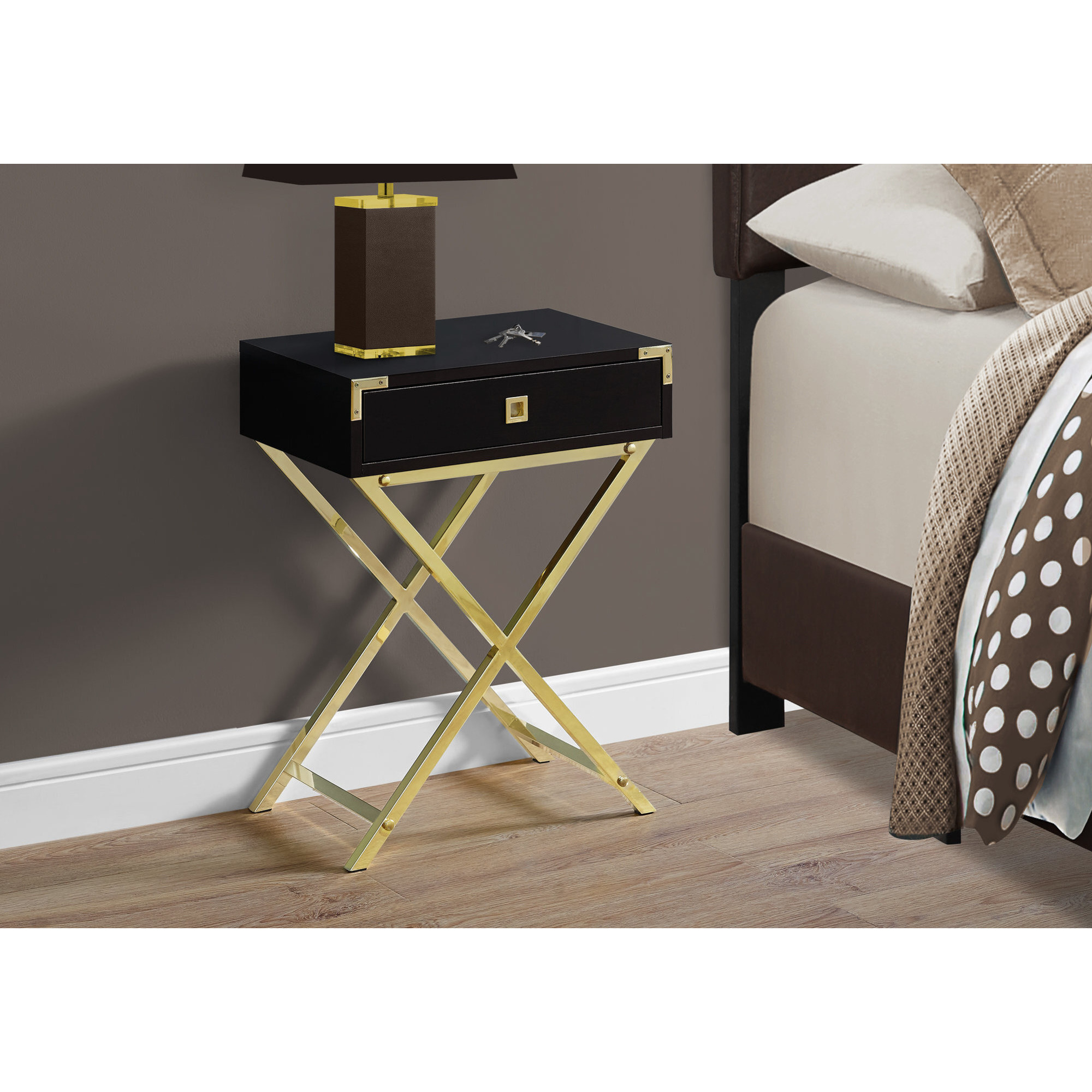 12"" X 18.25"" X 24"" Cappuccino Finish And Gold Metal Accent Table