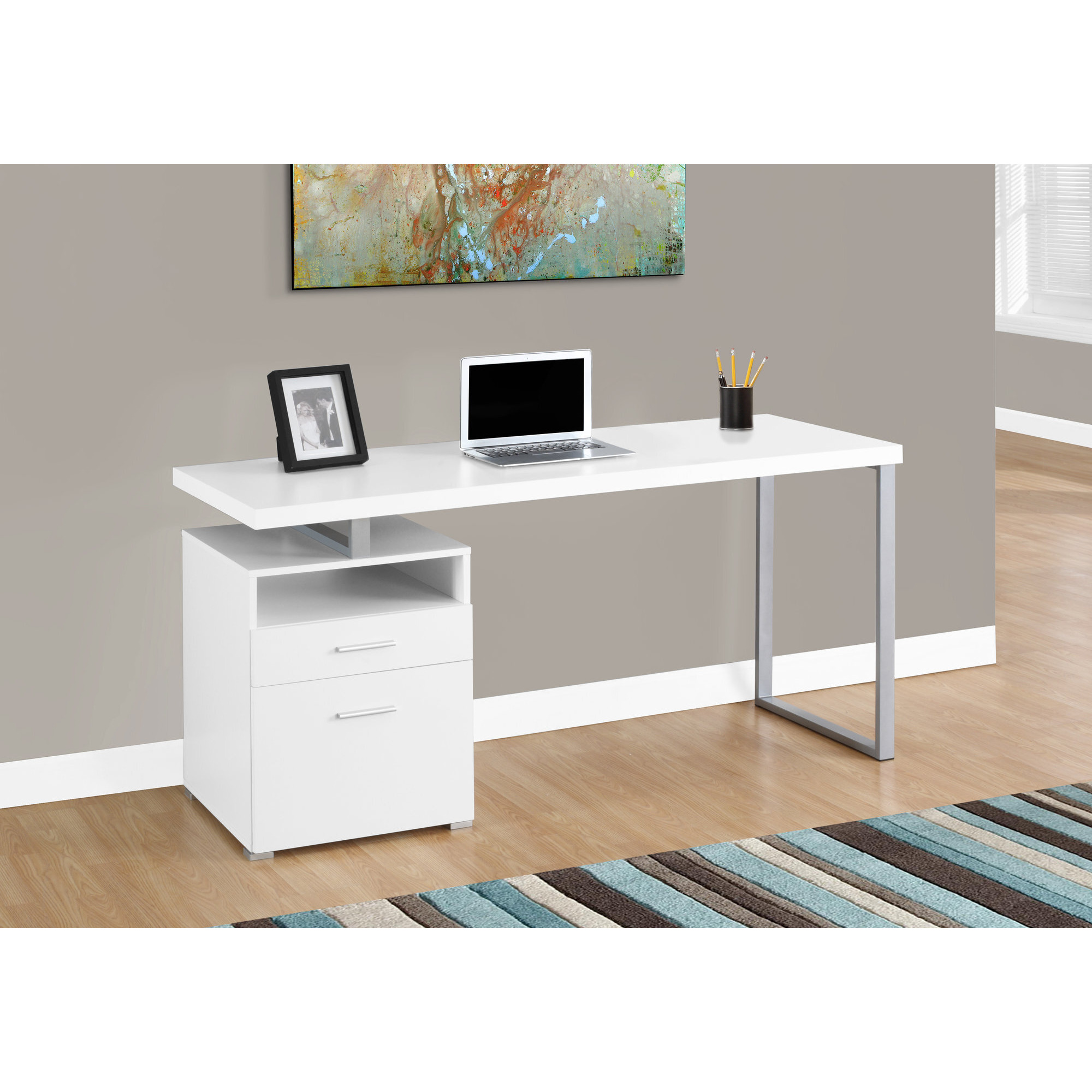 30"" White Particle Board And Silver Metal Computer Desk