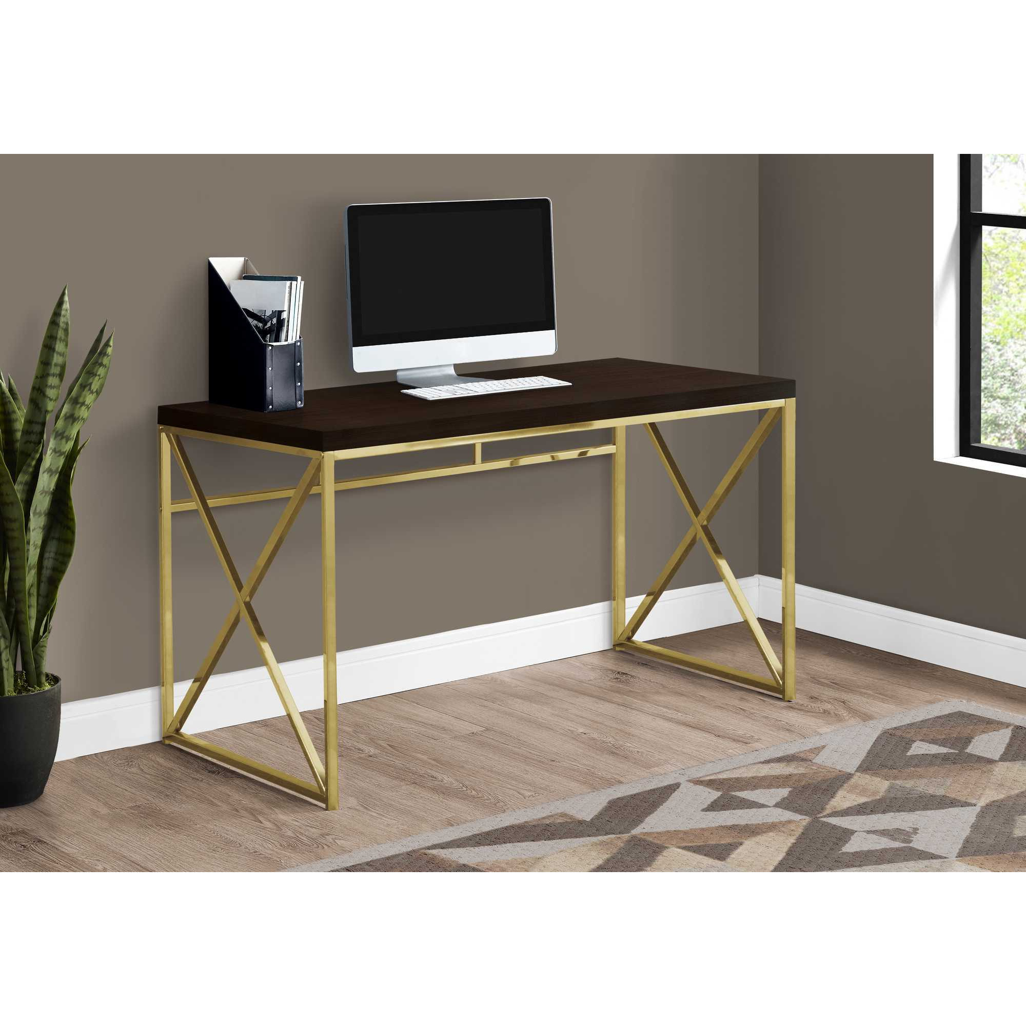 Modern Gold And Walnut Finish Computer Desk