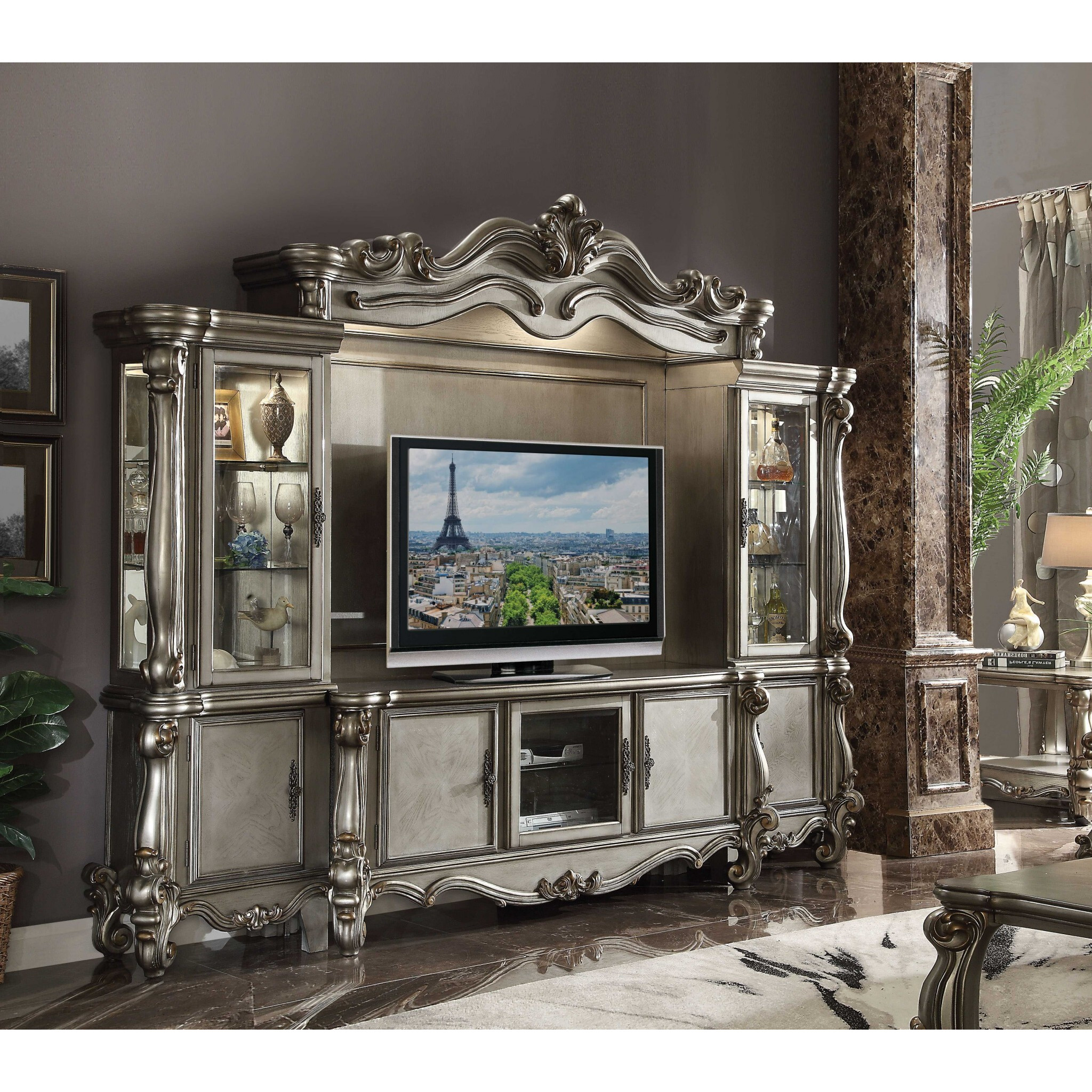 21"" X 118"" X 95"" Antique Platinum Wood Poly Resin Glass Entertainment Center