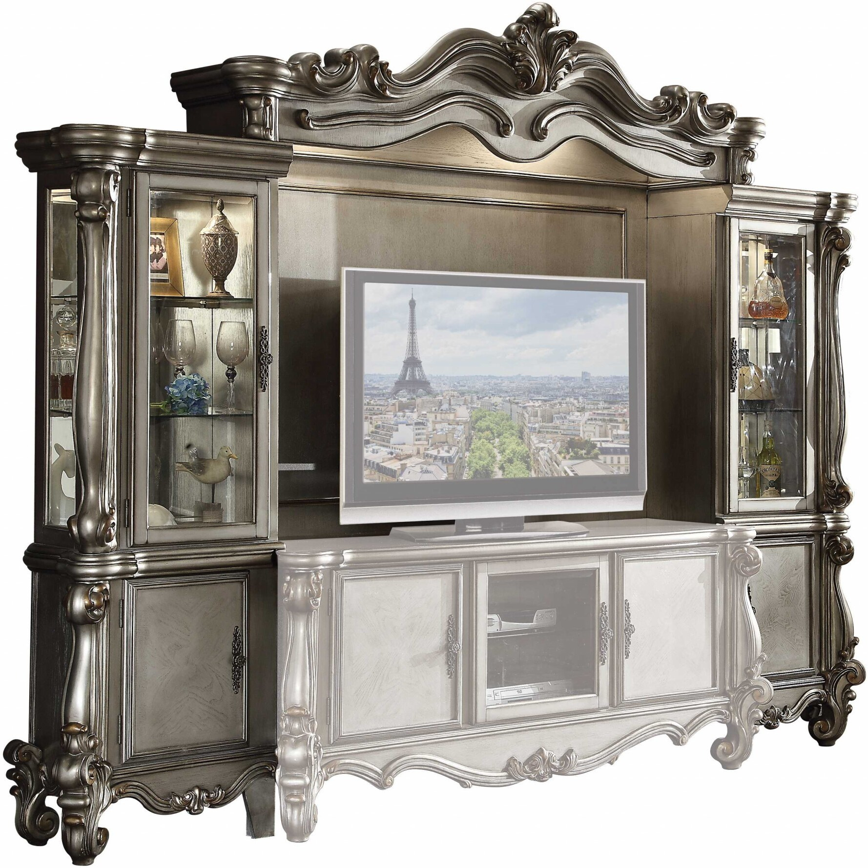 21"" X 118"" X 95"" Antique Platinum Wood Poly Resin Glass Entertainment Center