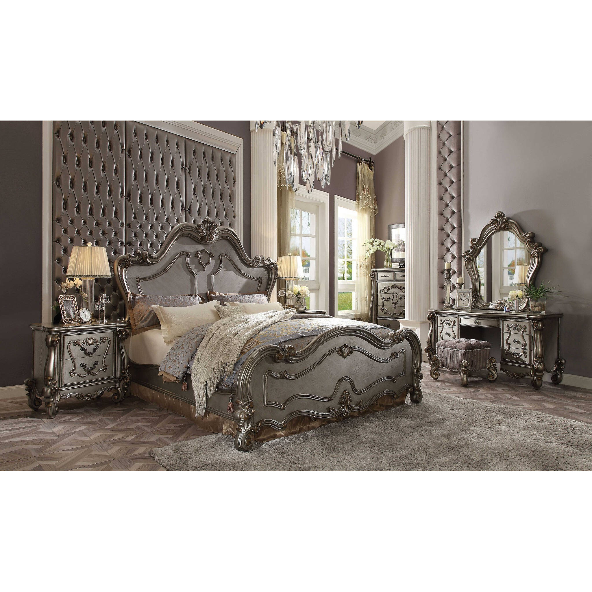 74"" X 93"" X 72"" Antique Platinum Wood Poly Resin Queen Bed
