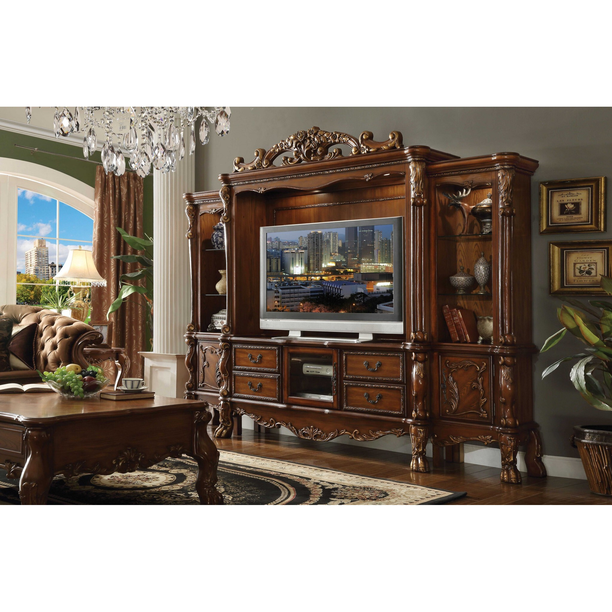 19"" X 121"" X 90"" Cherry Oak Wood Poly Resin Glass Entertainment Center