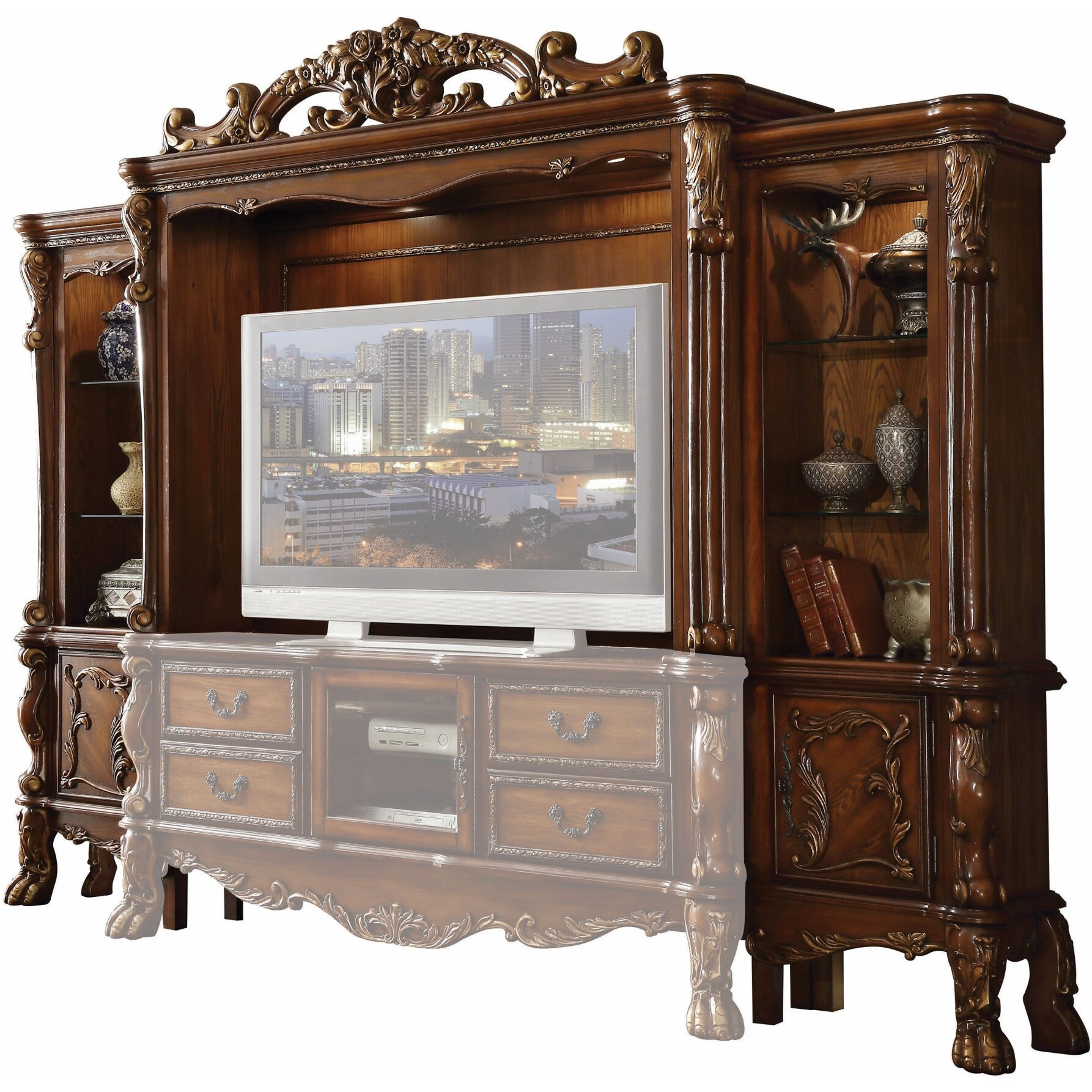 19"" X 121"" X 90"" Cherry Oak Wood Poly Resin Glass Entertainment Center