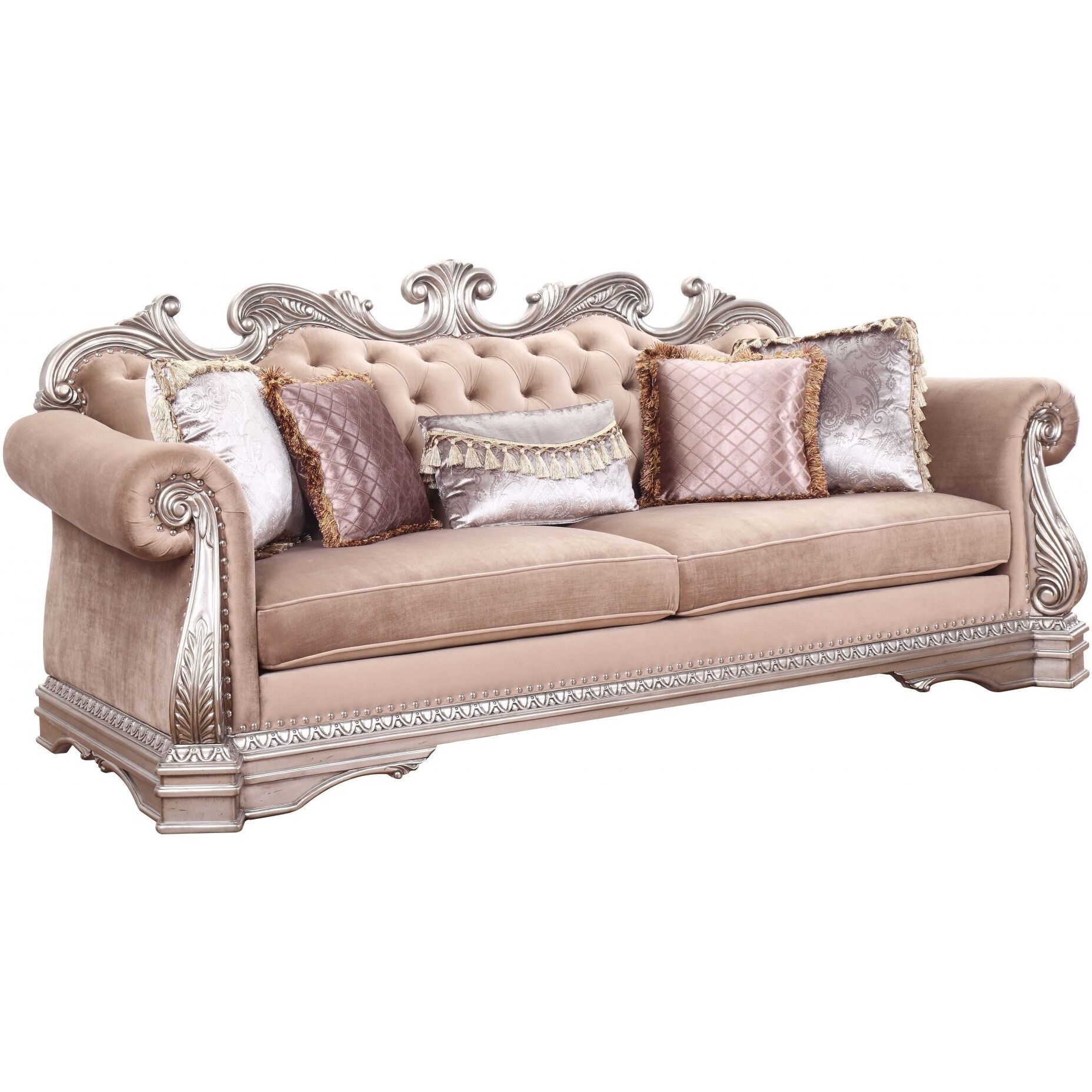 42"" X 100"" X 42"" Velvet Antique Champagne Upholstery Polyresin Sofa W5 Pillows
