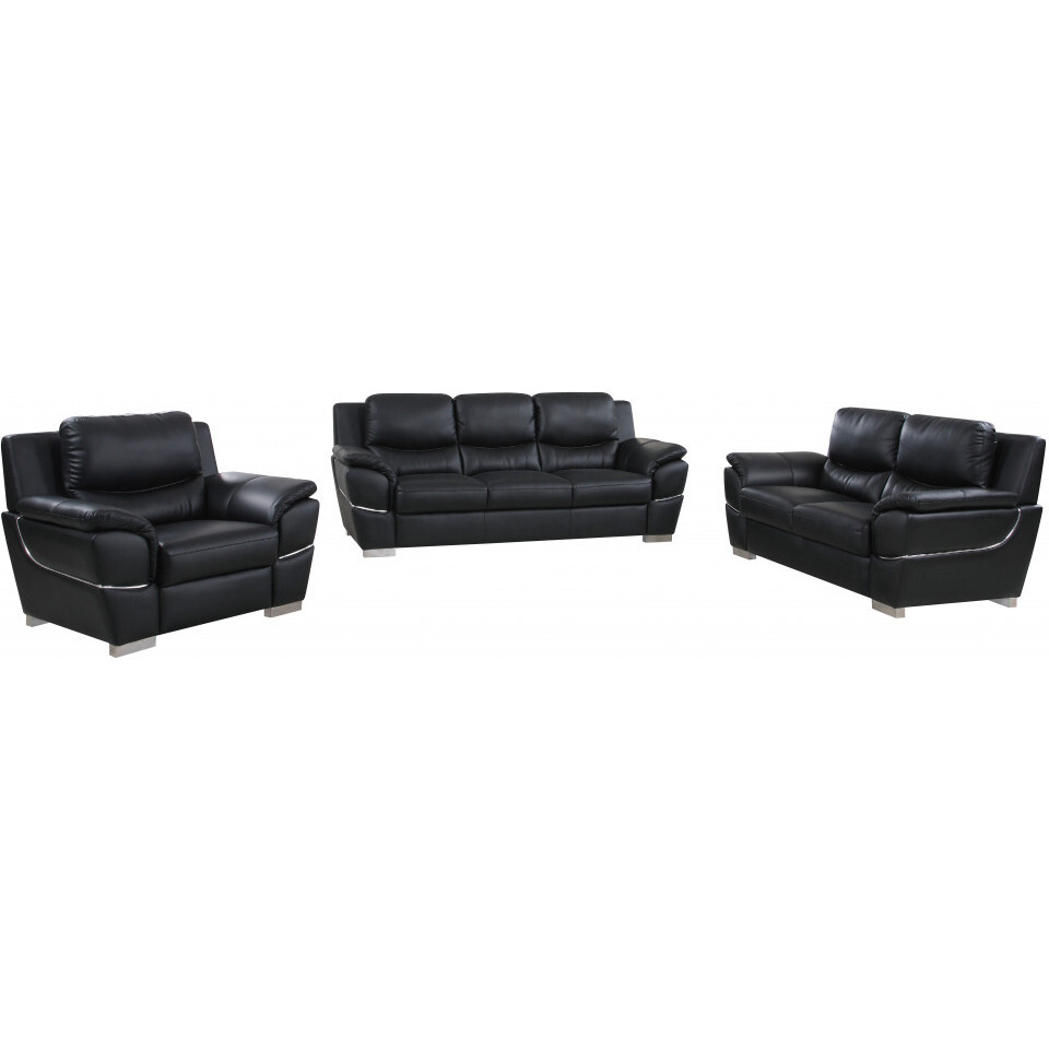 112"" Chic Black Leather Sofa Set