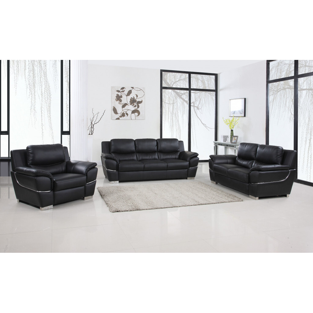 112"" Chic Black Leather Sofa Set